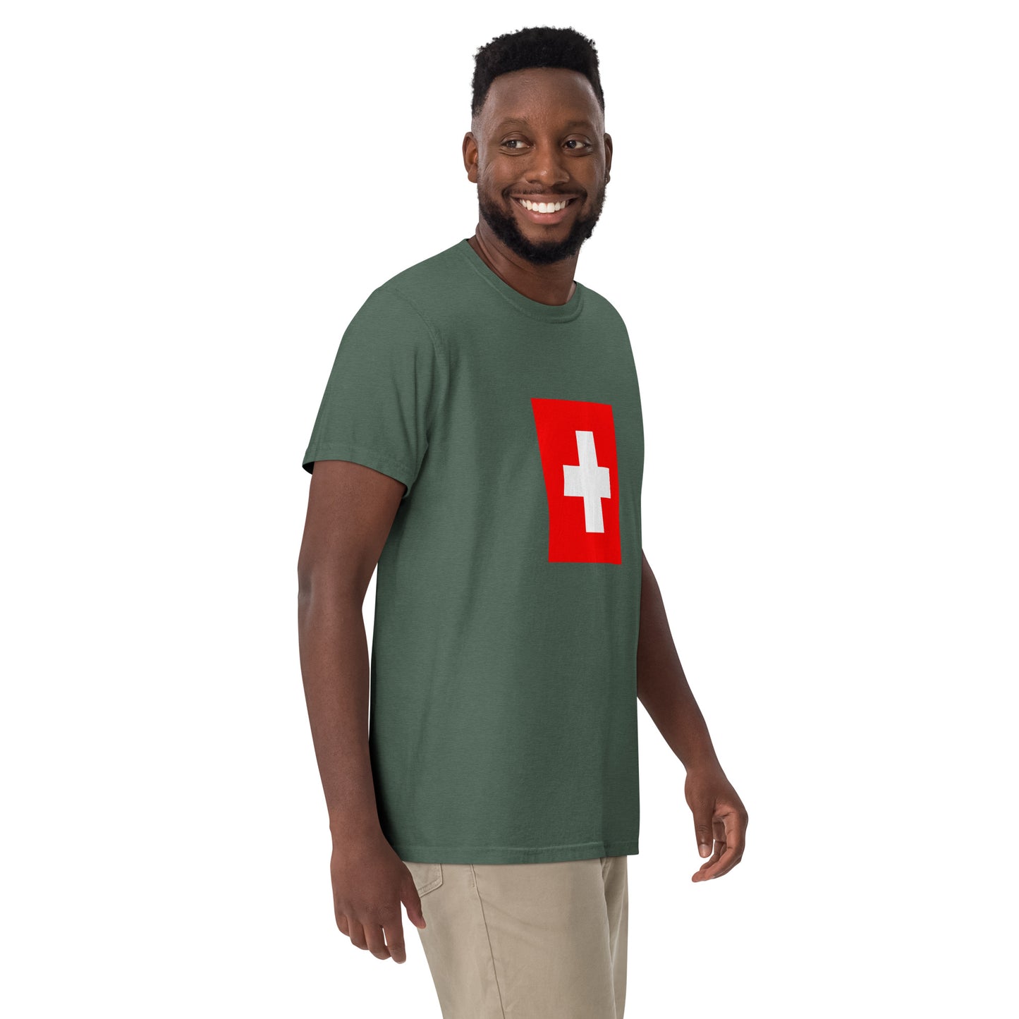 Flat lay of black Switzerland flag tee, medium size
