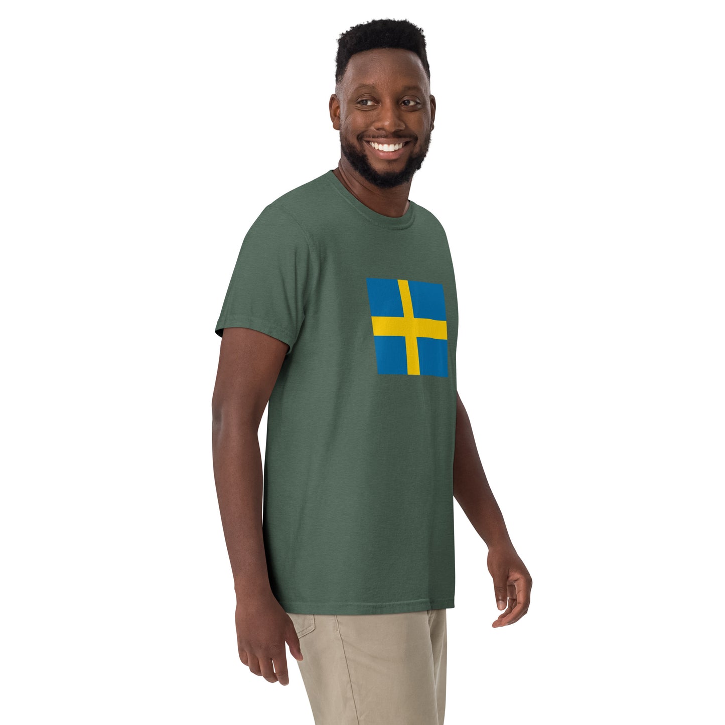 Stylish Sweden flag t-shirt laid flat, large, black