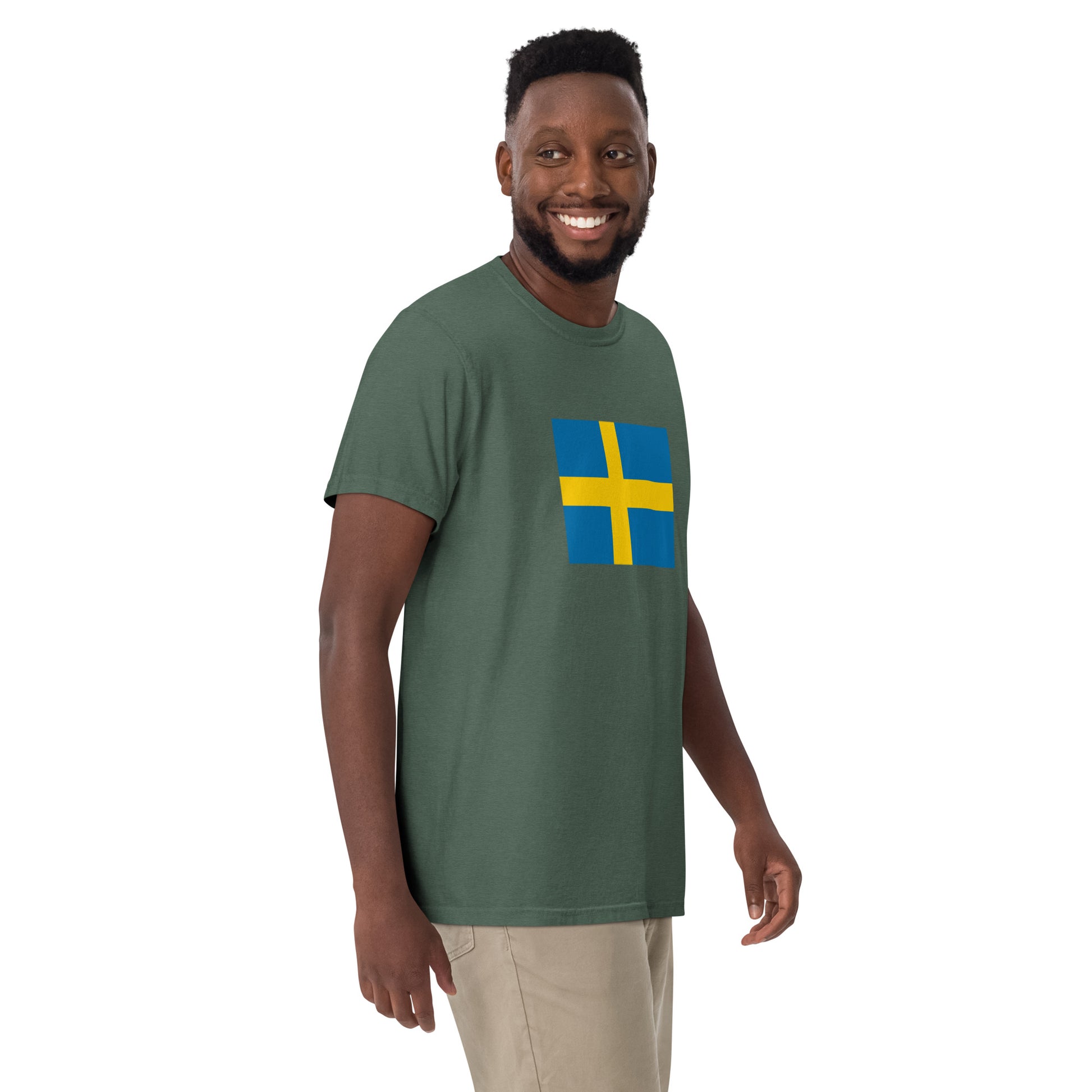 Stylish Sweden flag t-shirt laid flat, large, black