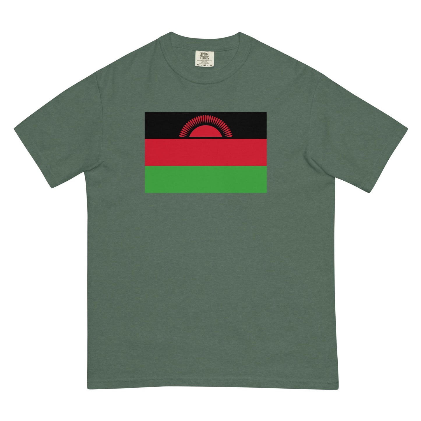 Flat lay of black Malawi flag tee, small size