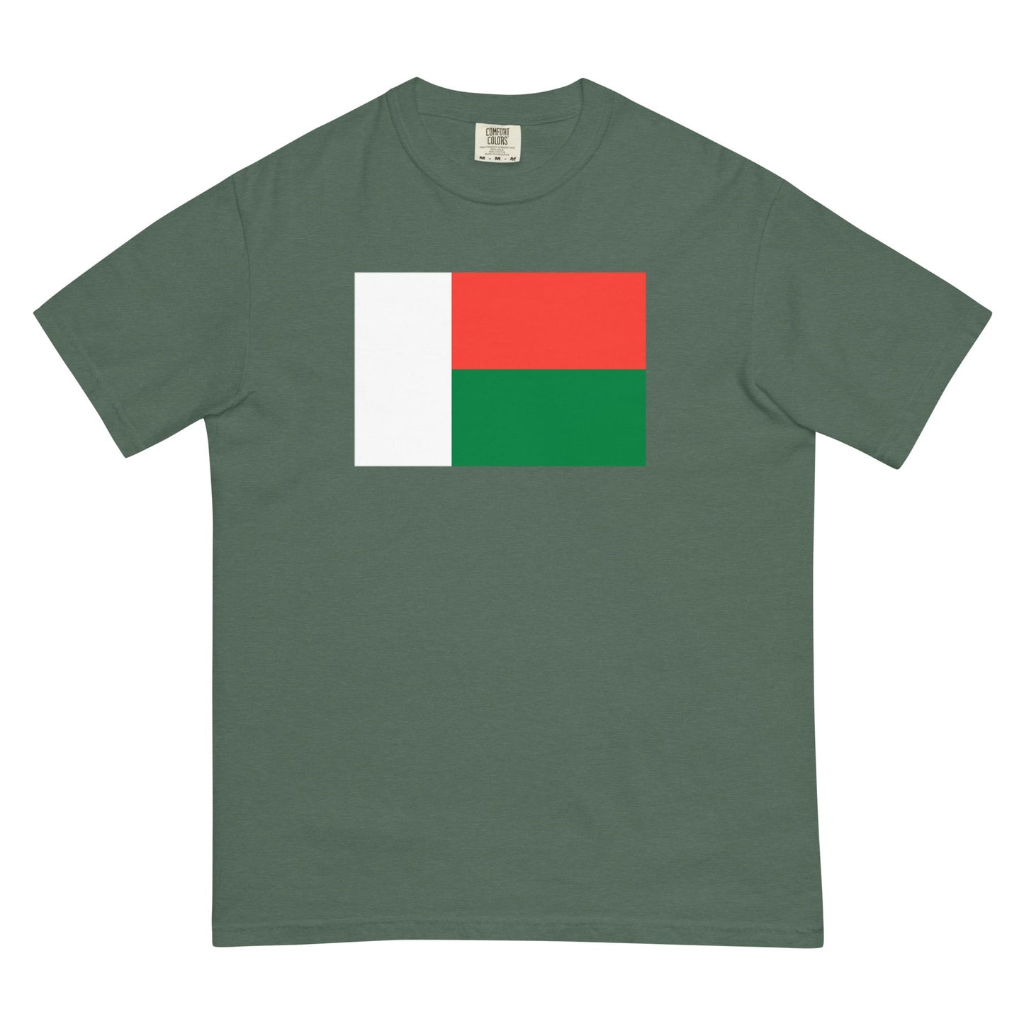 Stylish Madagascar flag t-shirt laid flat, medium, true navy