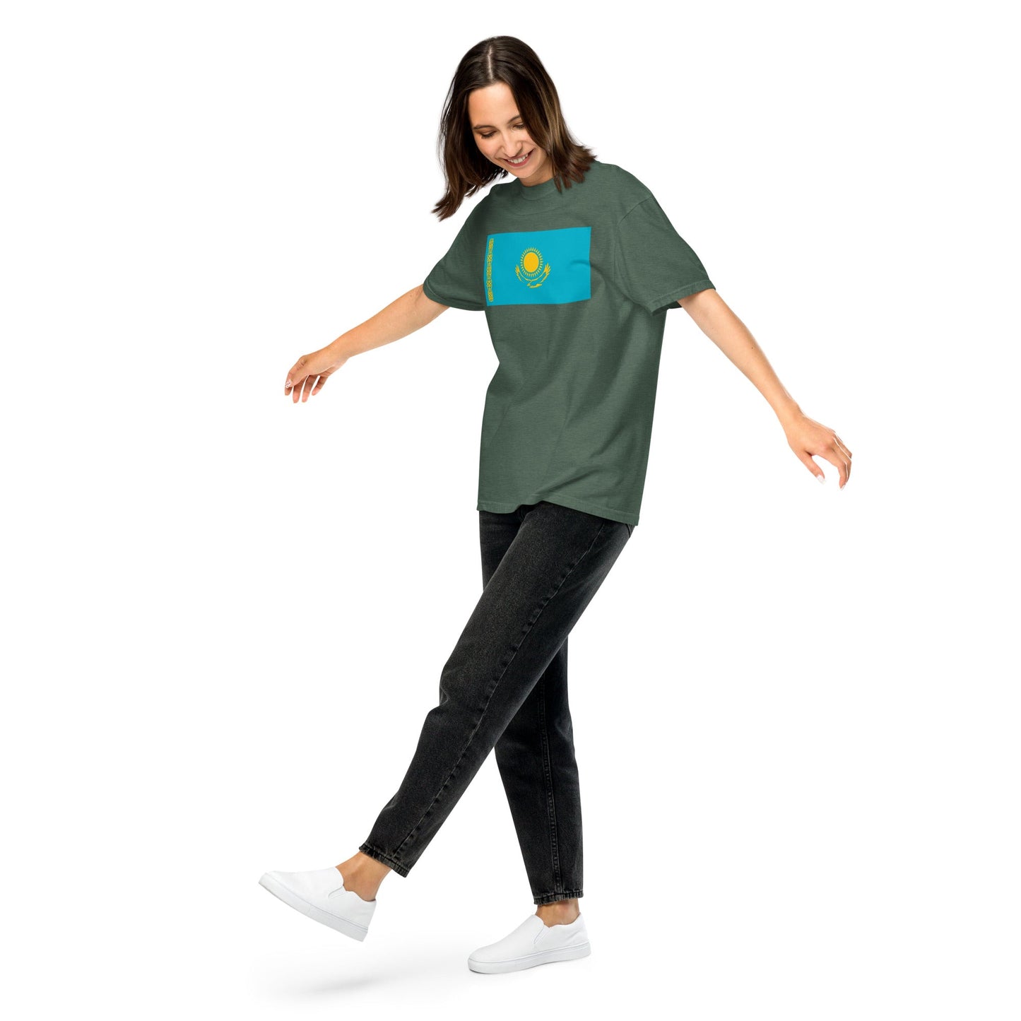 Stylish Kazakhstan flag t-shirt laid flat, extra large, black