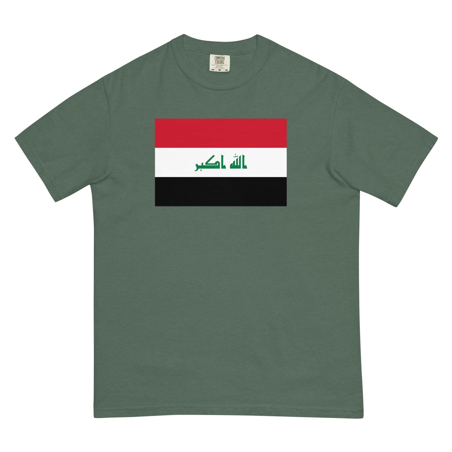 Stylish Iraq flag t-shirt laid flat, small, blue spruce