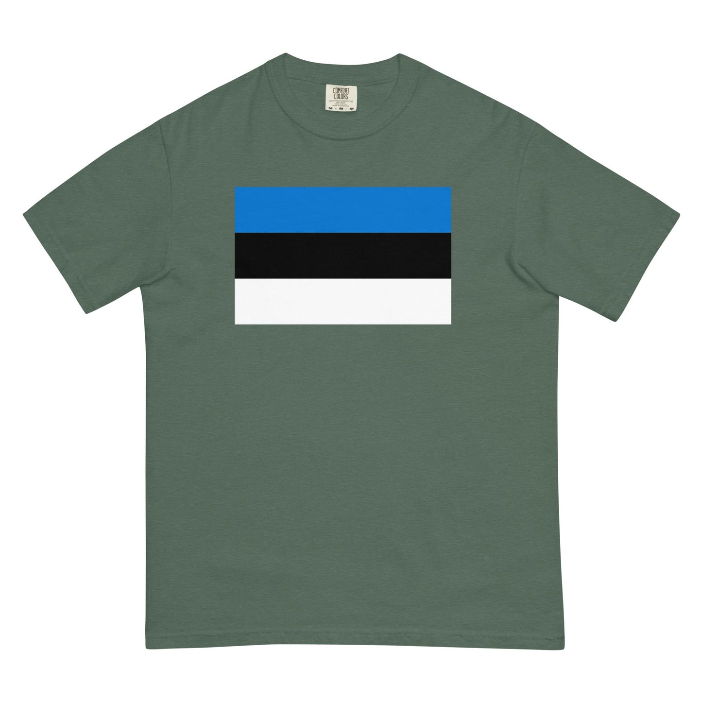 Flat lay of blue spruce Estonia flag tee, large size