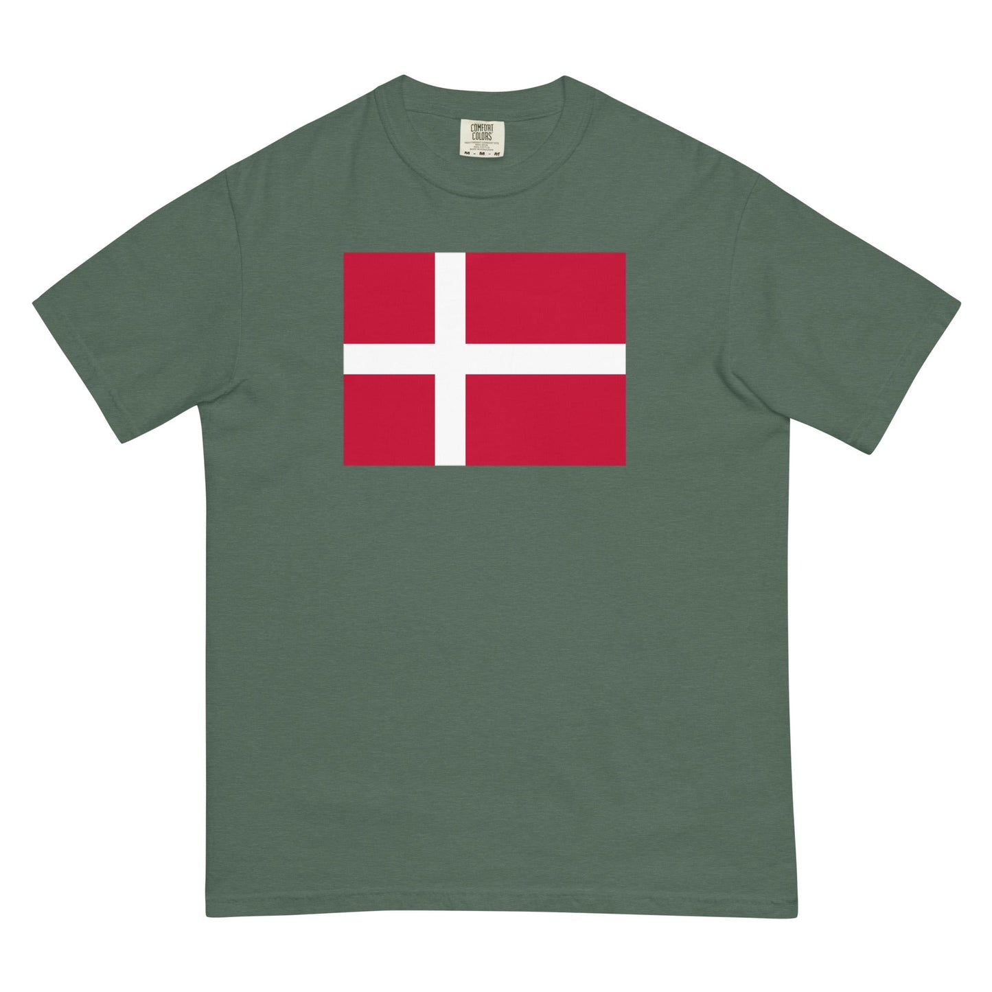 Stylish Denmark flag t-shirt laid flat, 2X large, blue spruce