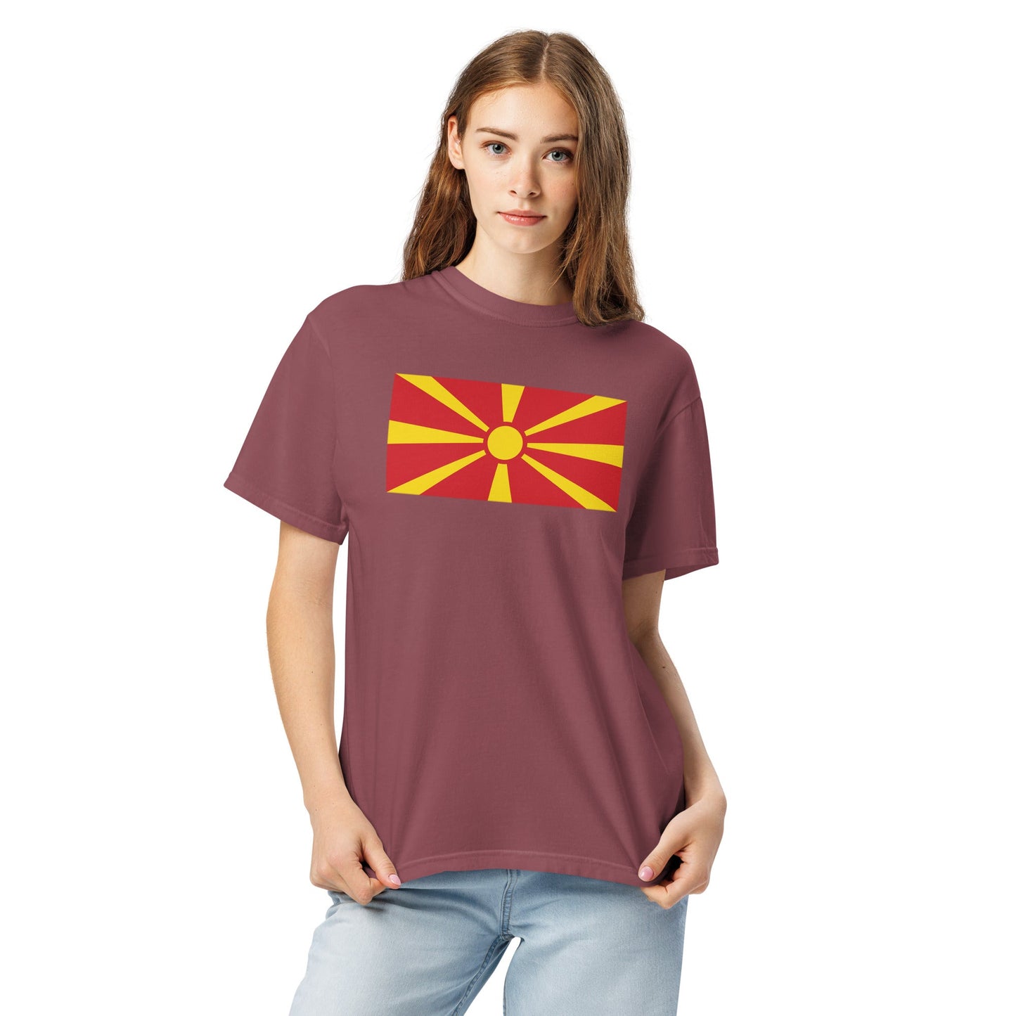 Stylish North Macedonia Formerly Macedonia flag t-shirt laid flat, medium, black