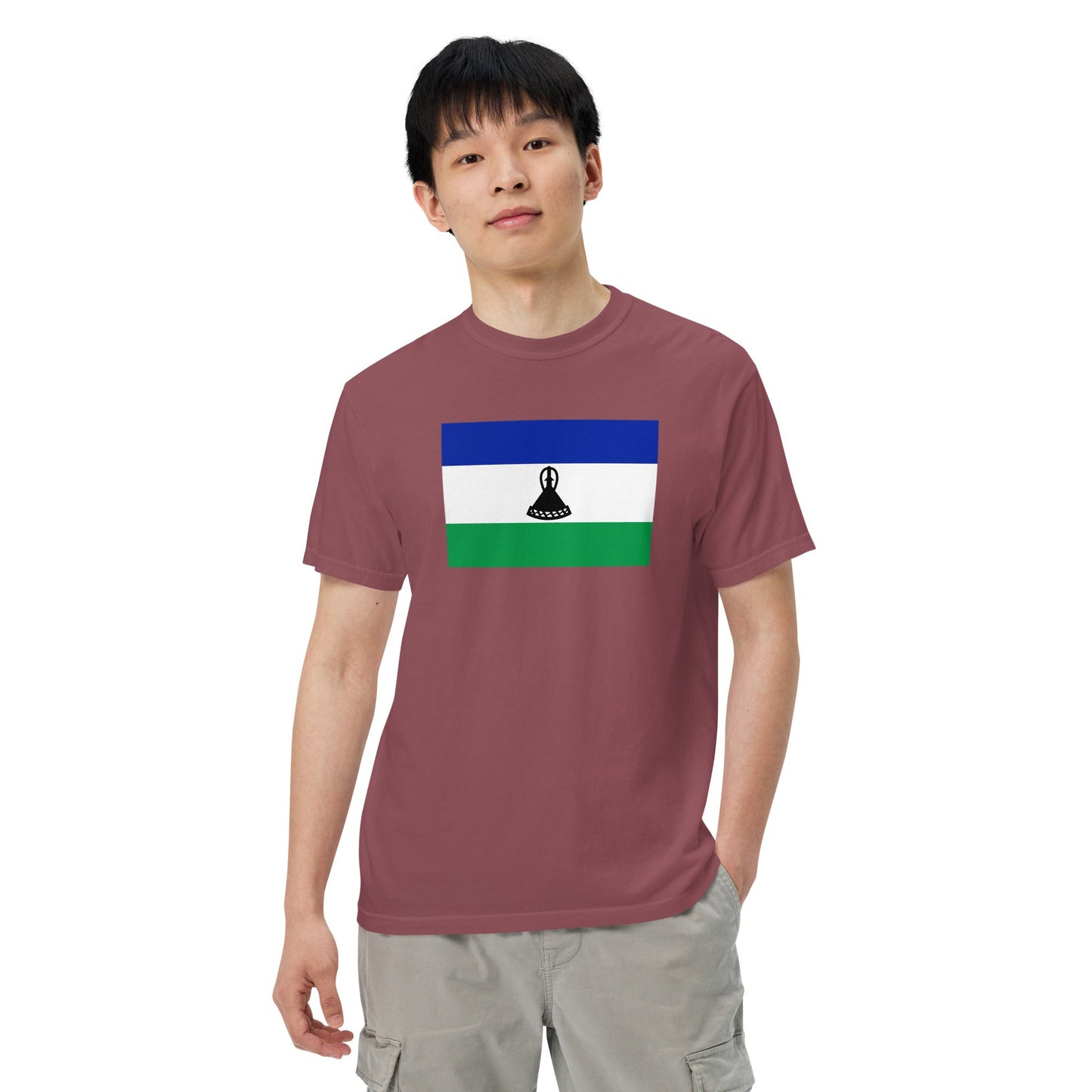 Stylish Lesotho flag t-shirt laid flat, extra large, black