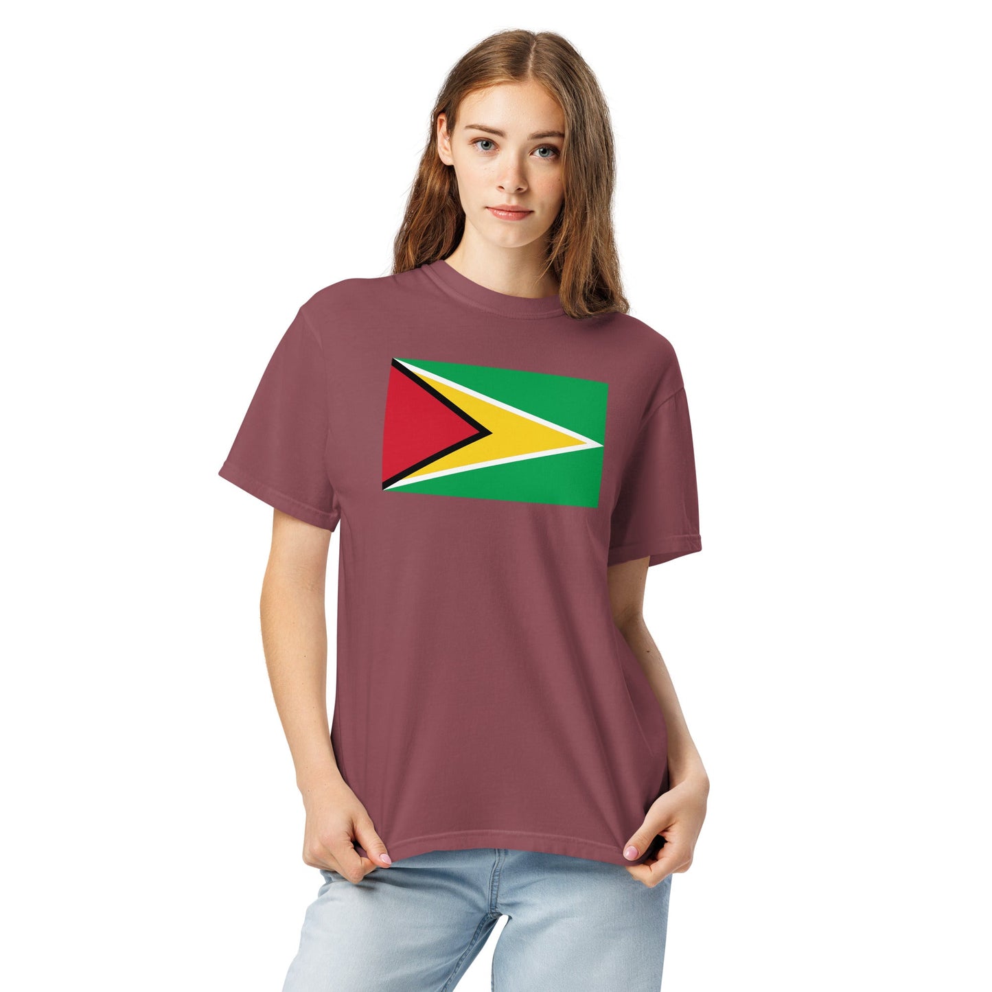 Flat lay of black Guyana flag tee, extra large size