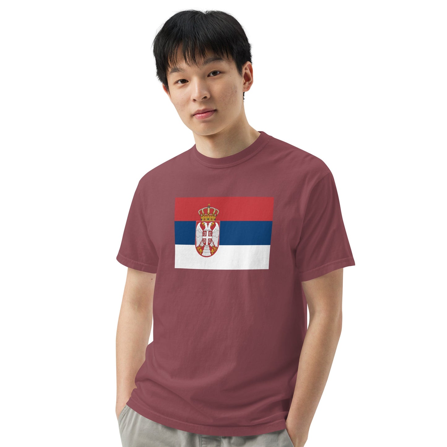 Stylish Serbia flag t-shirt laid flat, large, black
