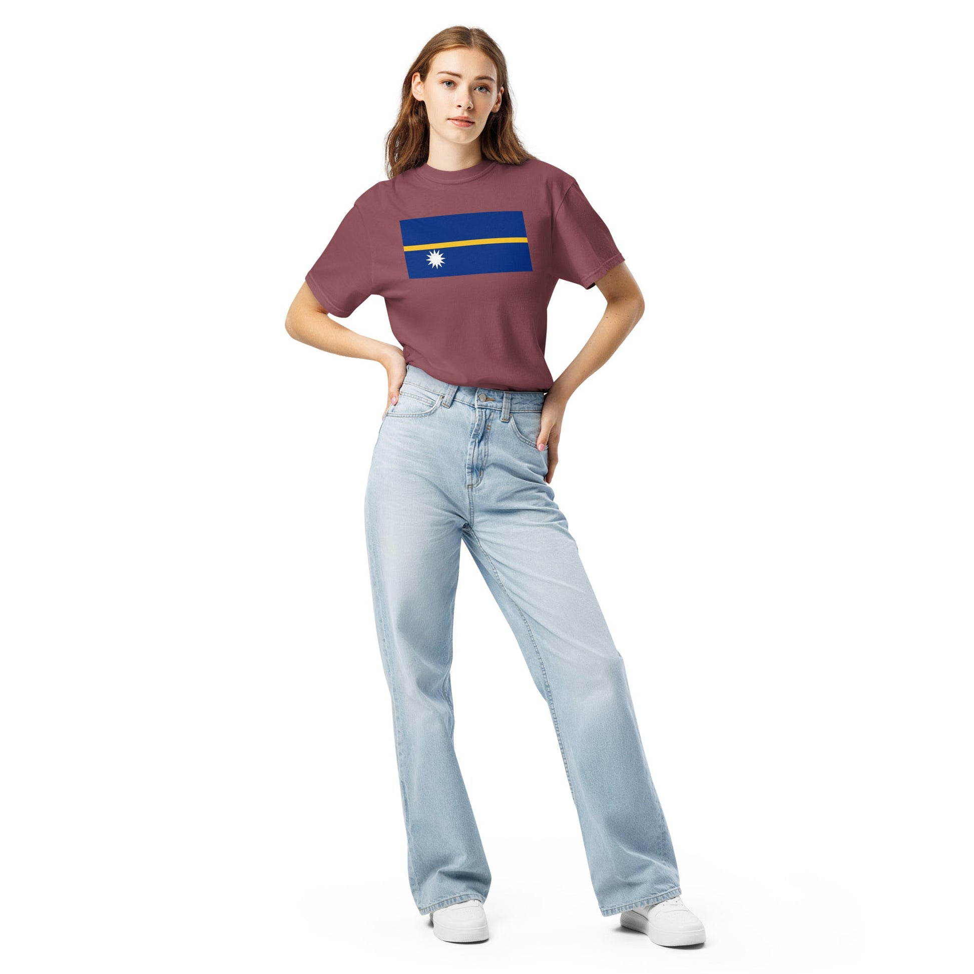 black shirt with Nauru flag design, medium