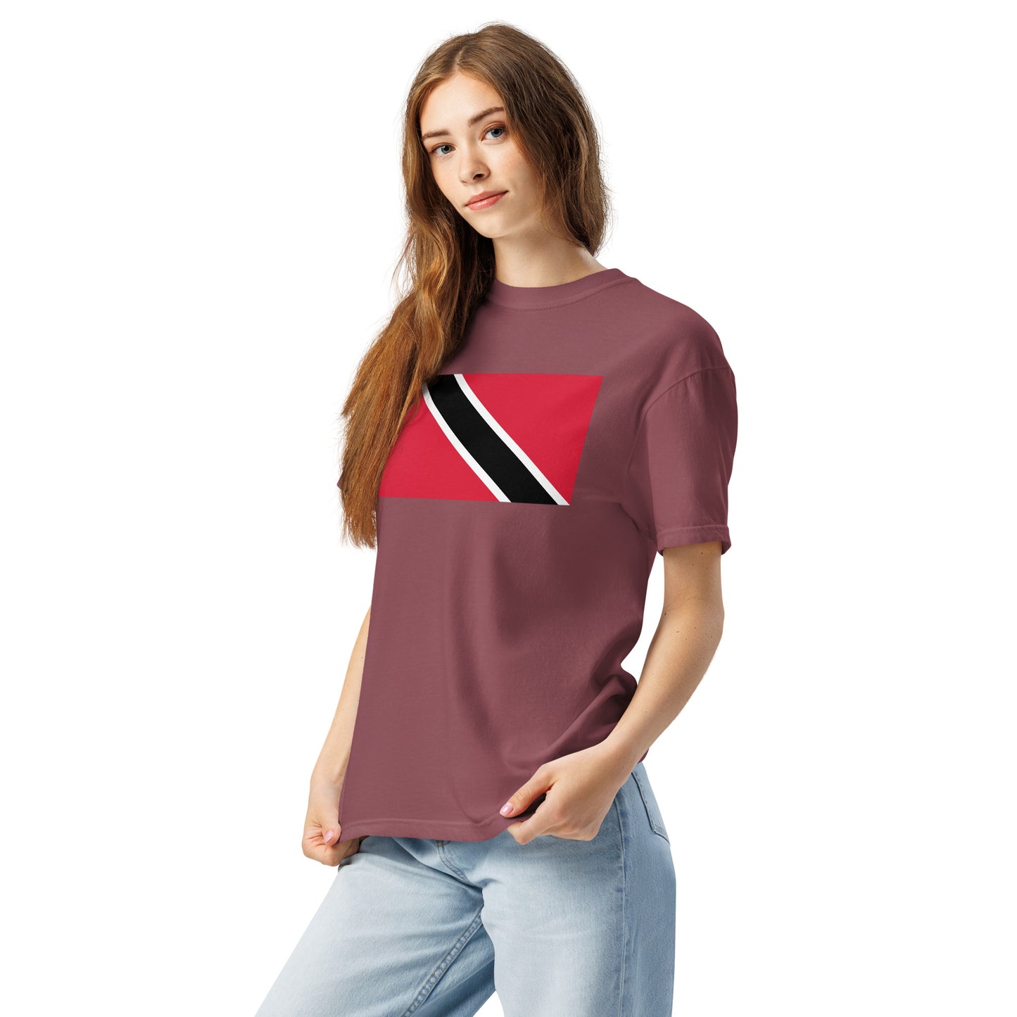 Stylish Trinidad flag t-shirt laid flat, 4X large, washed denim