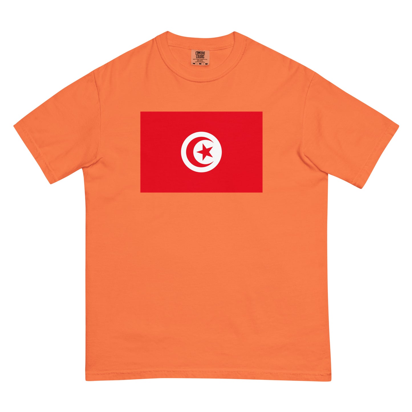 Stylish Tunisia flag t-shirt laid flat, medium, flo blue