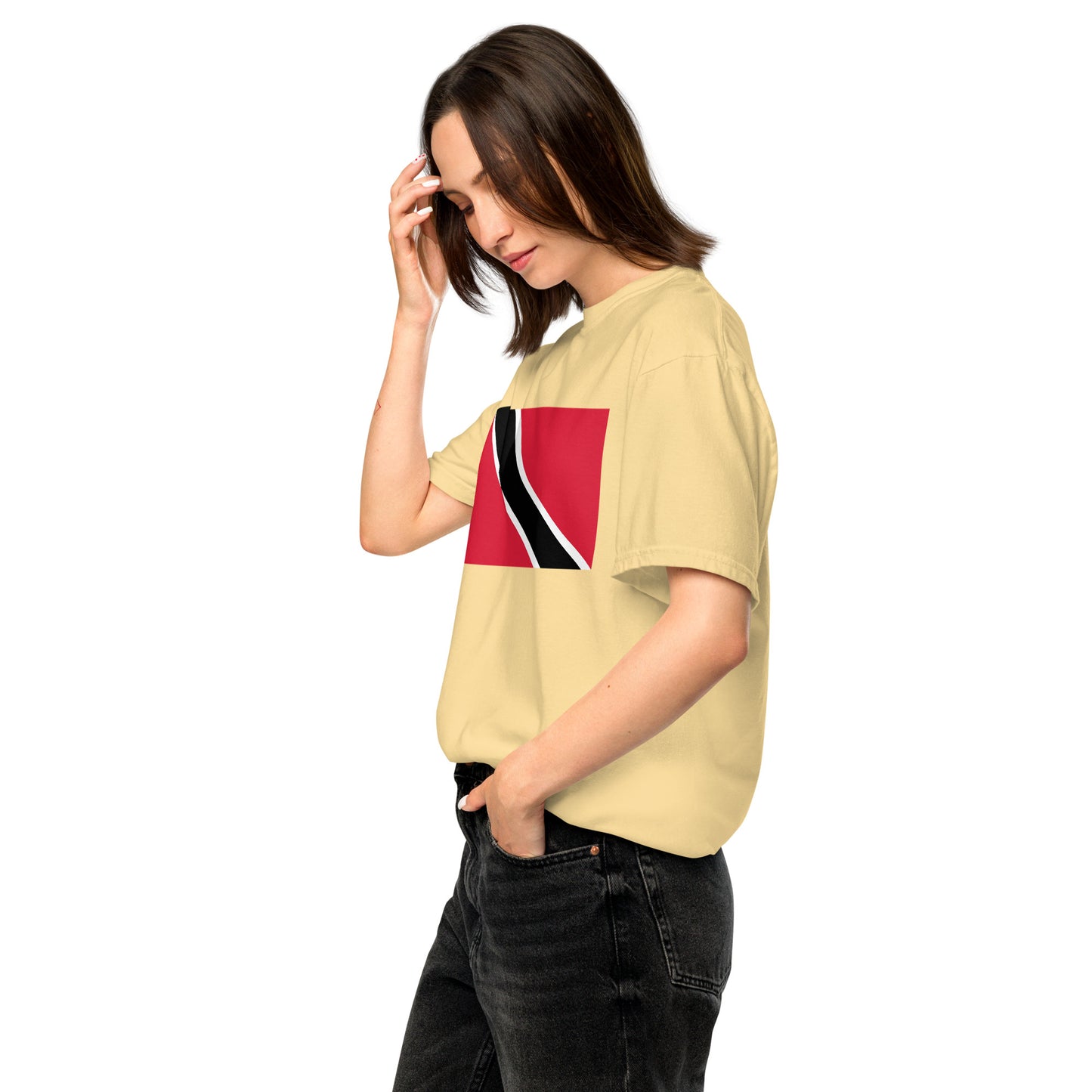 Flat lay of mustard Trinidad flag tee, small size