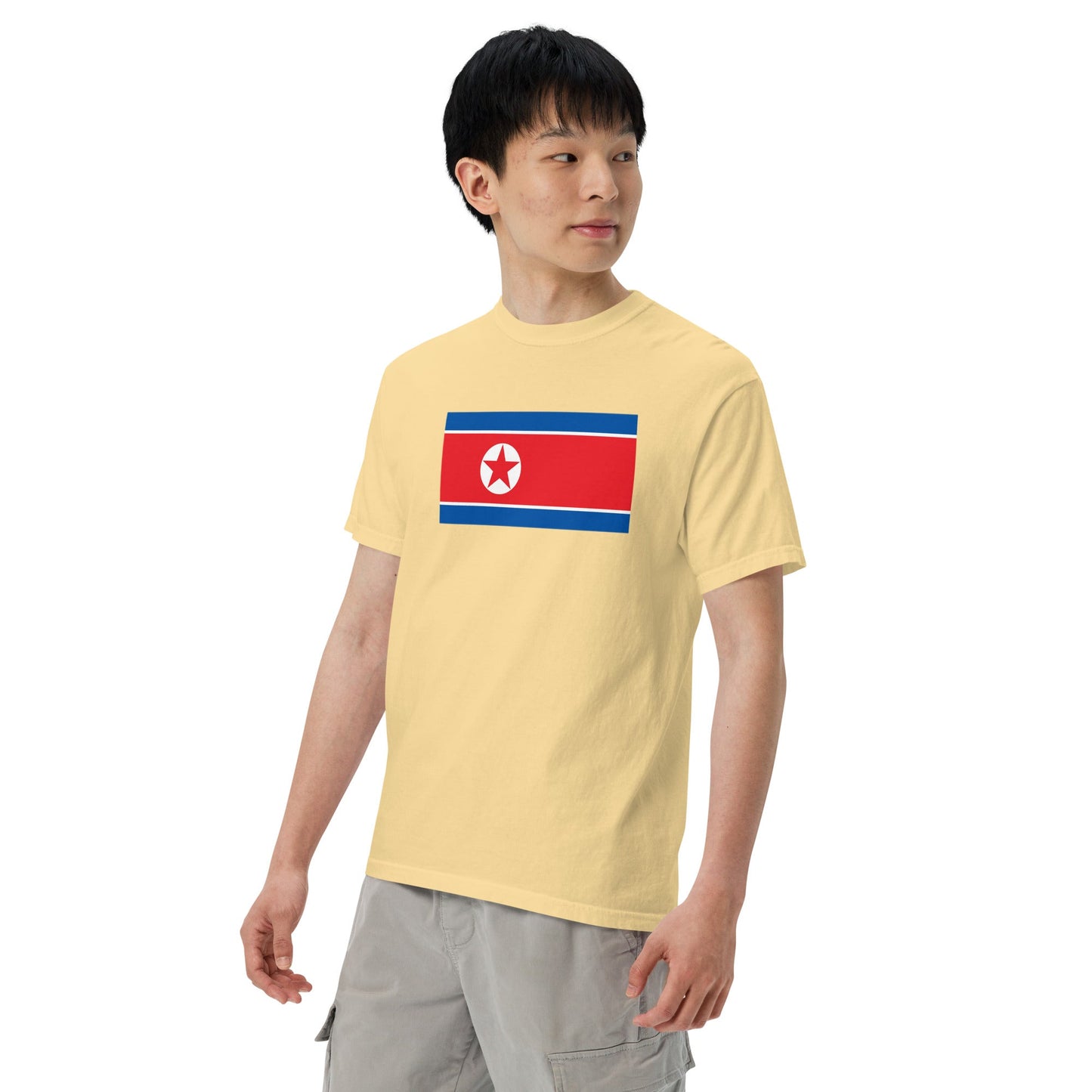 Flat lay of black North Korea flag tee, 3X large size