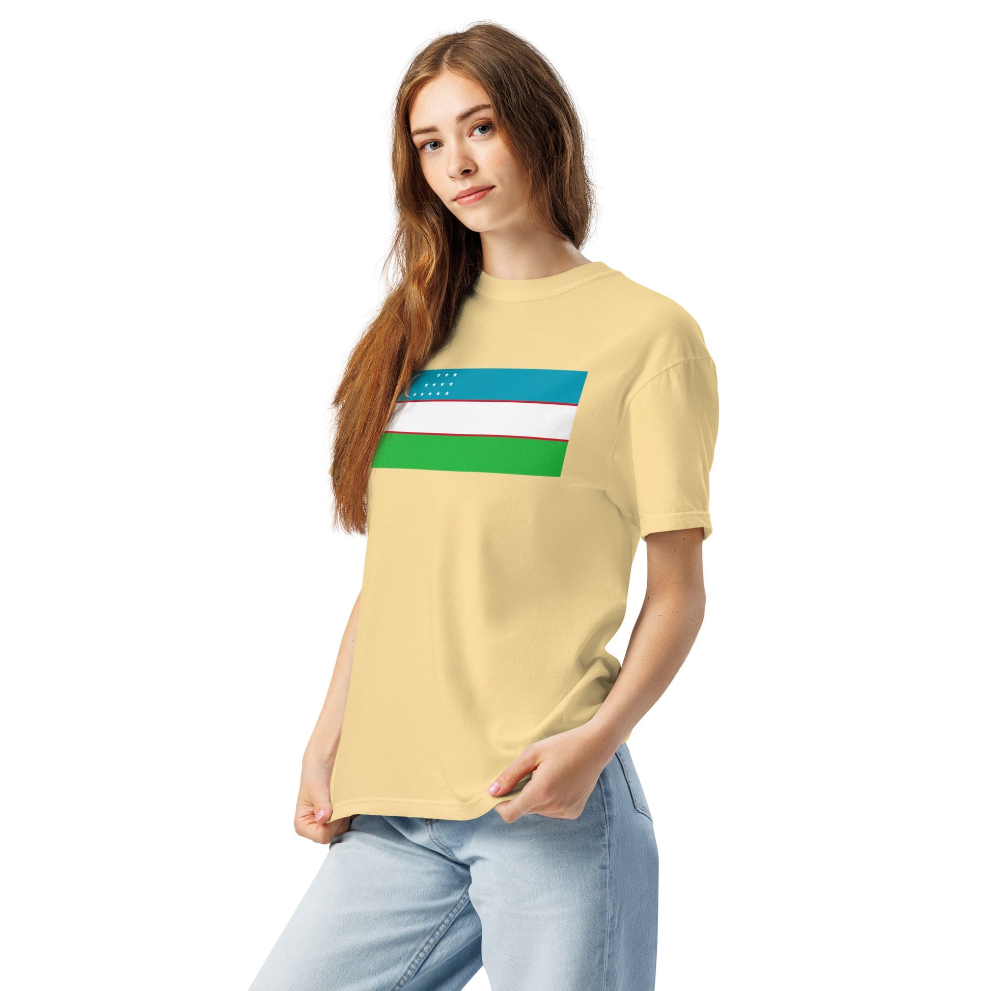 Flat lay of true navy Uzbekistan flag tee, extra large size