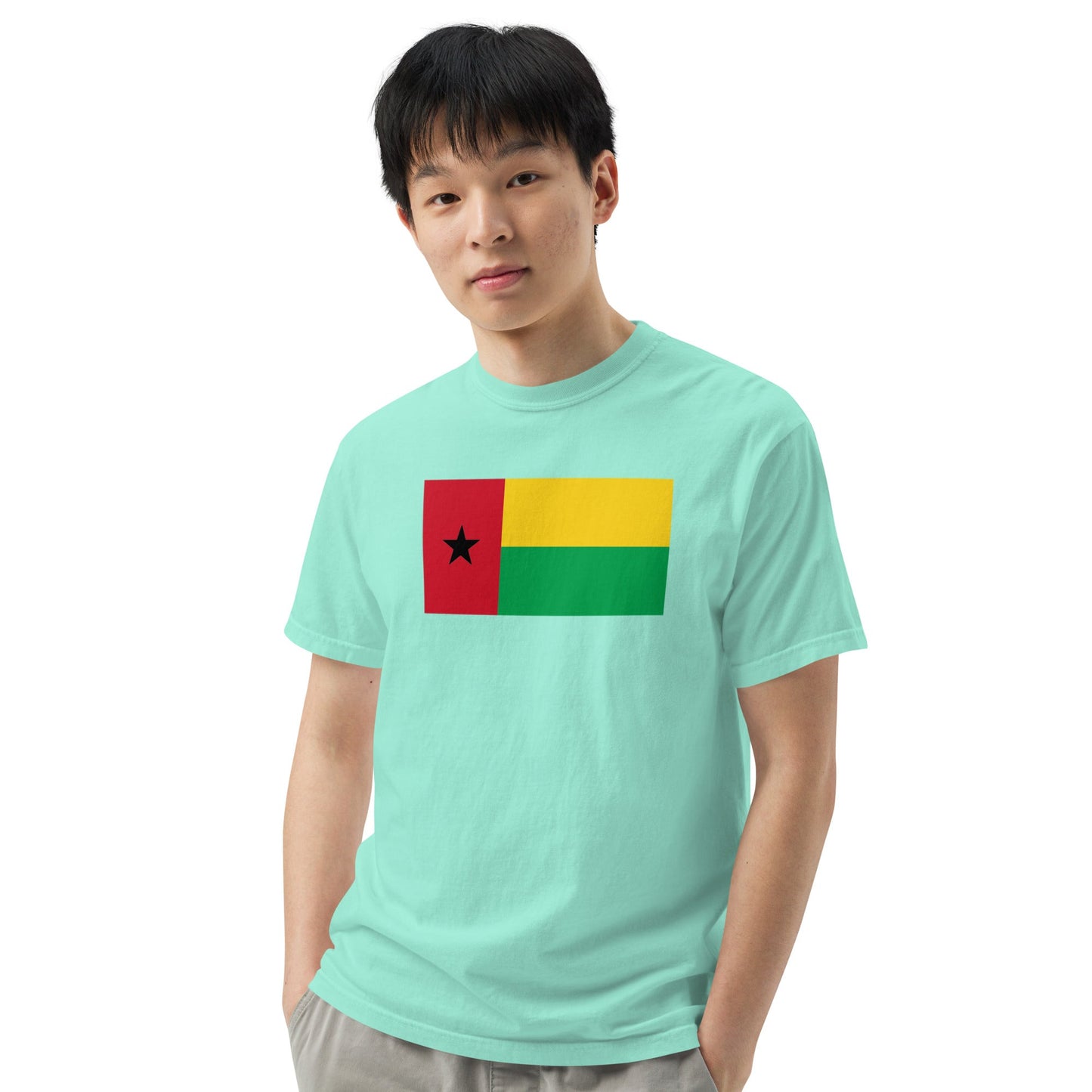 Stylish Guinea Bissau flag t-shirt laid flat, small, blue spruce