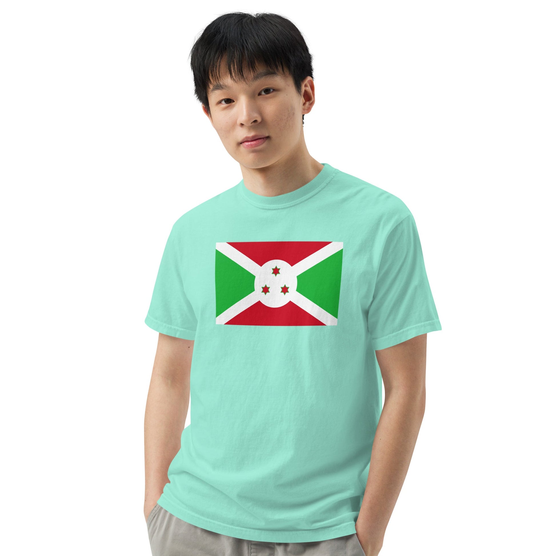 Stylish Burundi flag t-shirt laid flat, medium, grape