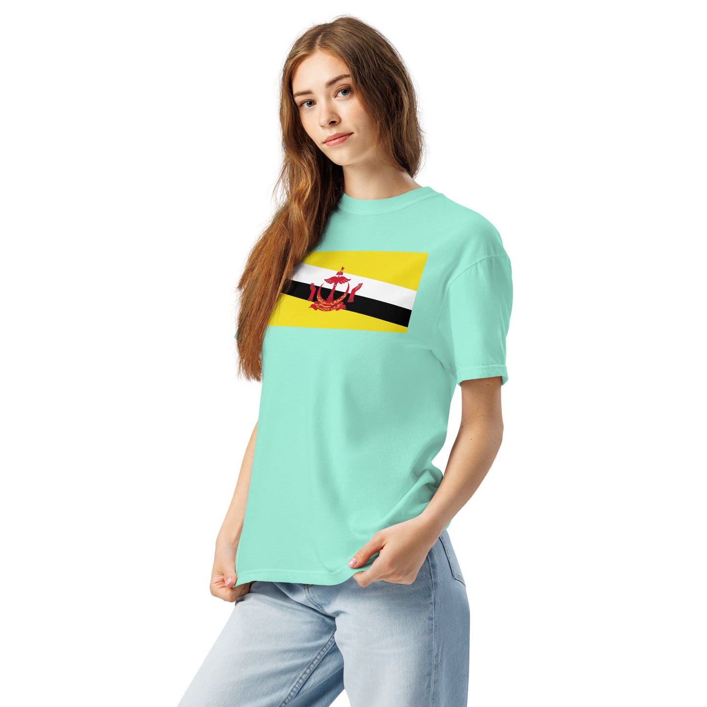 Flat lay of true navy Brunei flag tee, 3X large size