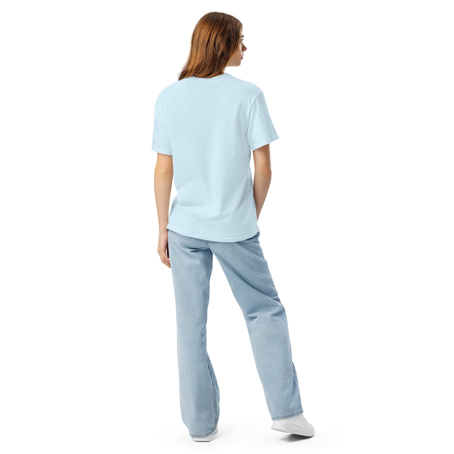 Stylish Guinea flag t-shirt laid flat, large, blue spruce
