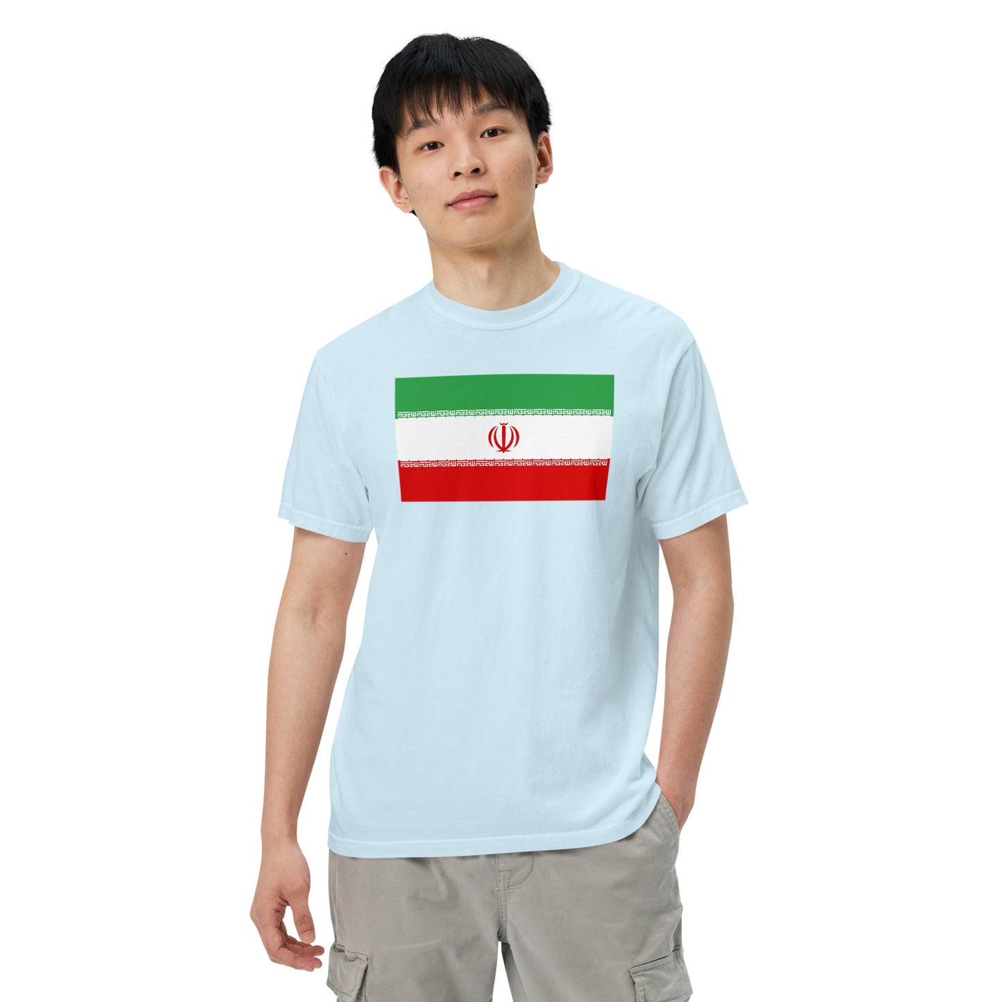 Flat lay of berry Iran flag tee, large size