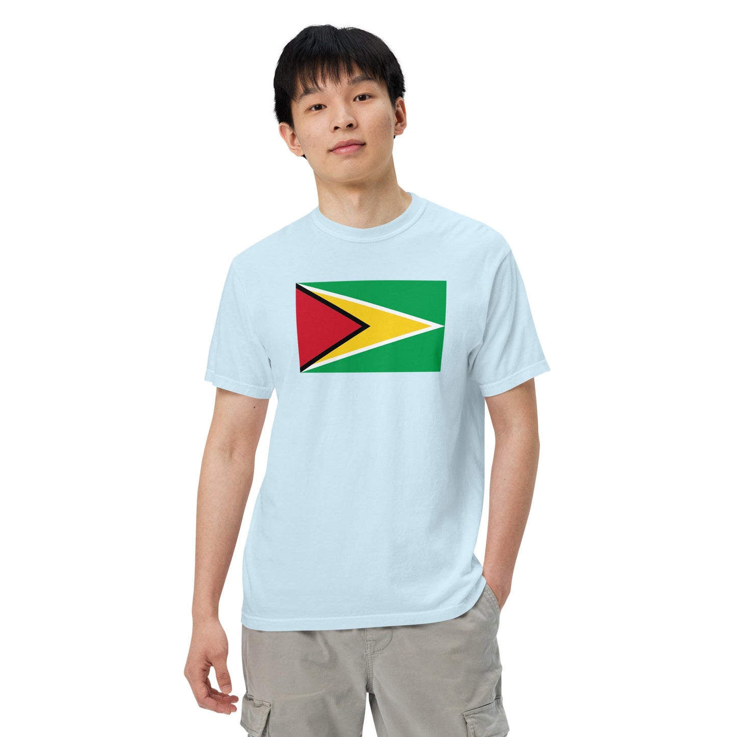 Stylish Guyana flag t-shirt laid flat, 4X large, true navy