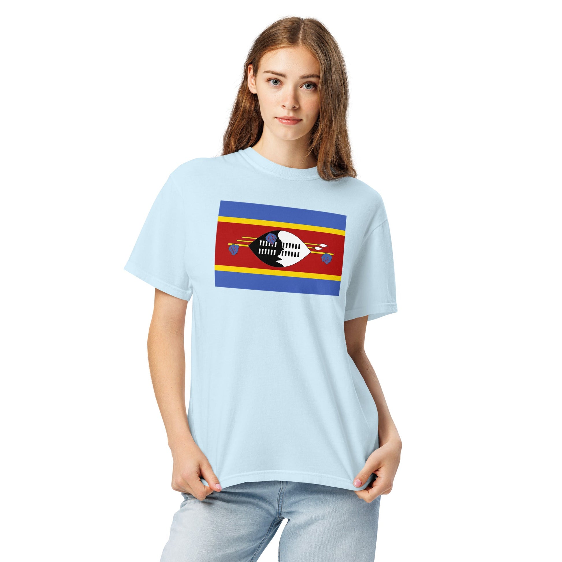 Stylish Eswatini Formerly Swaziland flag t-shirt laid flat, medium, true navy