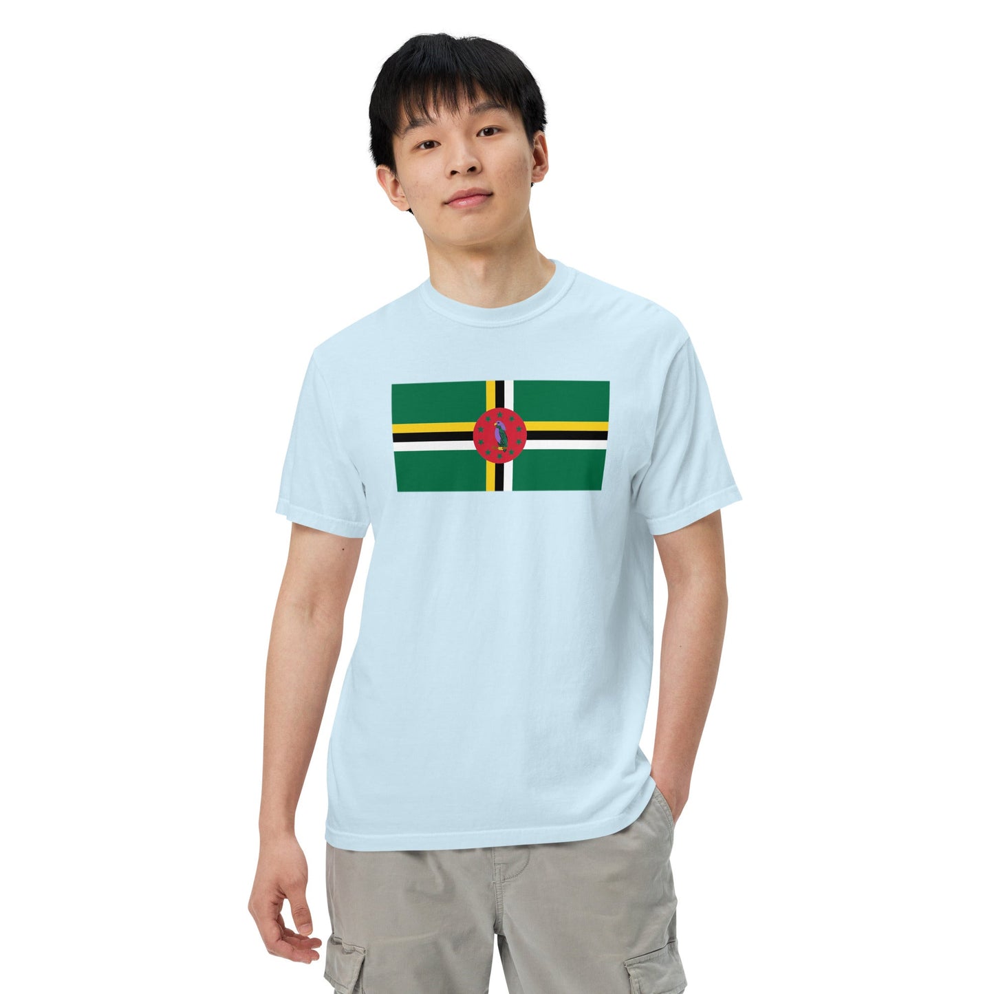 Flat lay of true navy Dominica 1 flag tee, small size