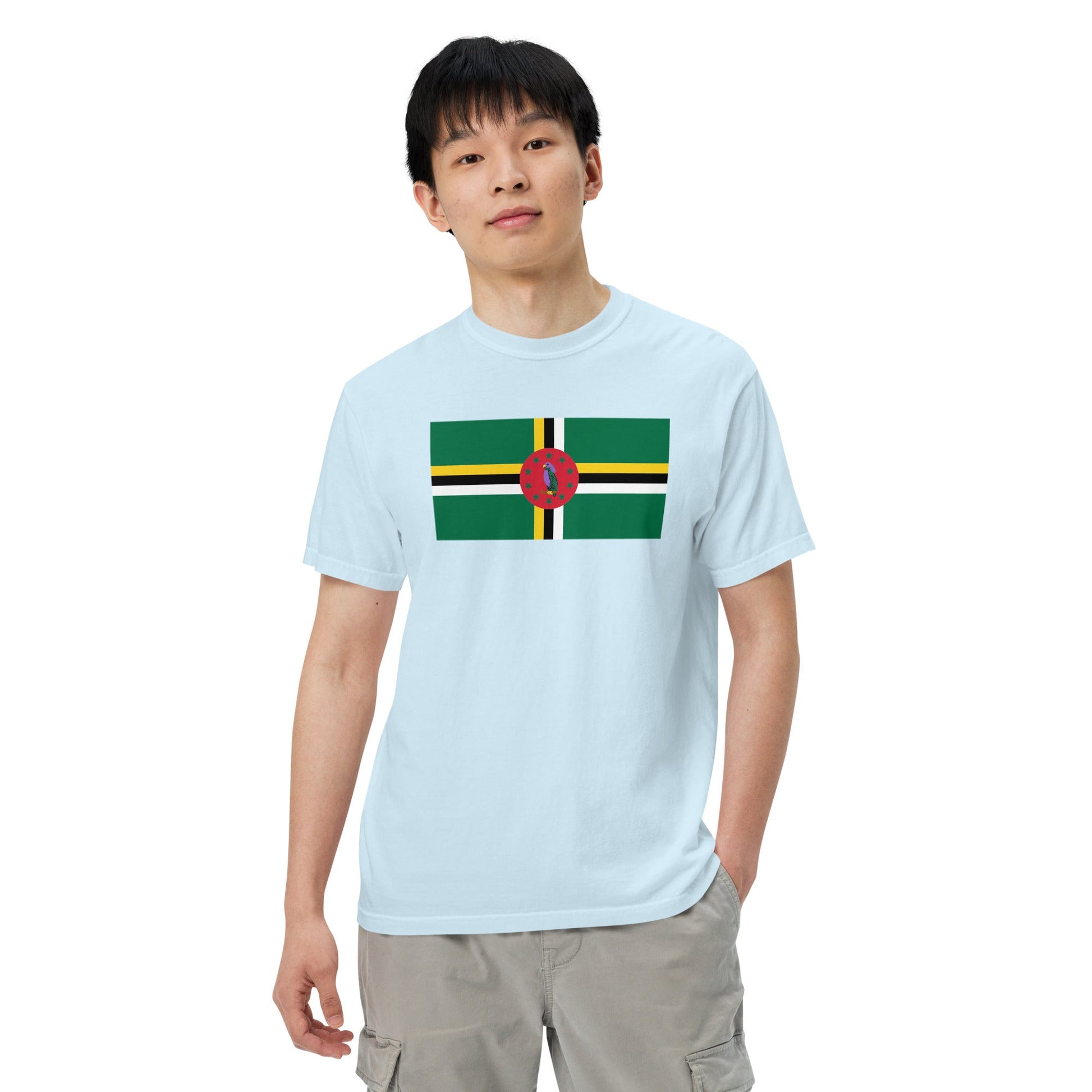 Flat lay of true navy Dominica 1 flag tee, small size