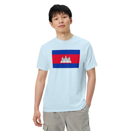 Flat lay of black Cambodia flag tee, medium size