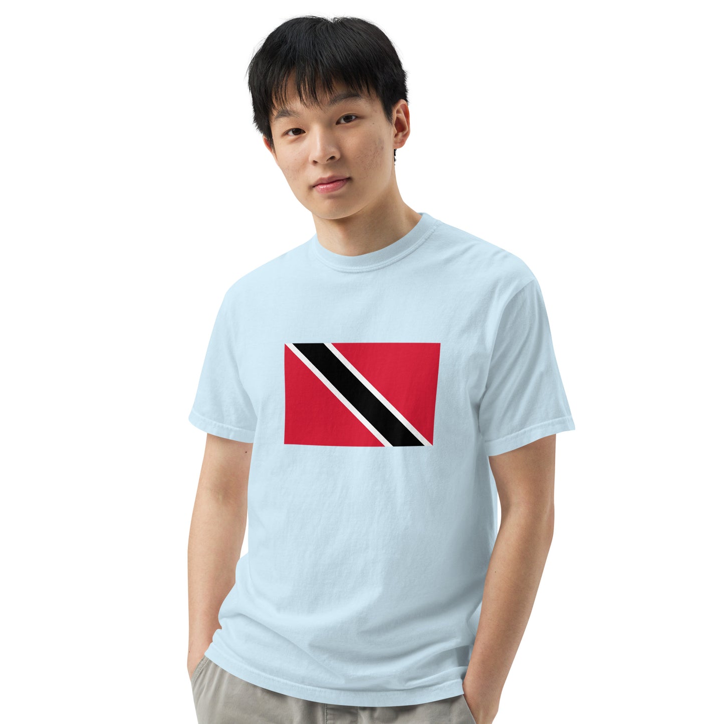 Stylish Trinidad flag t-shirt laid flat, extra large, white