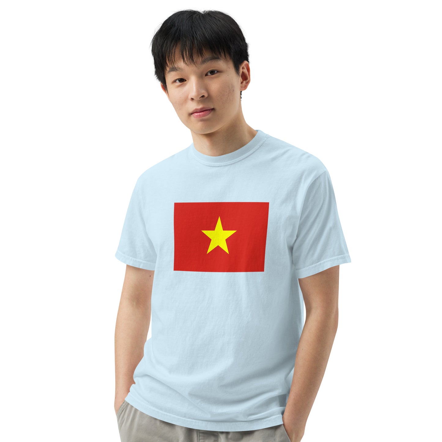 Stylish Vietnam flag t-shirt laid flat, 2X large, blue spruce