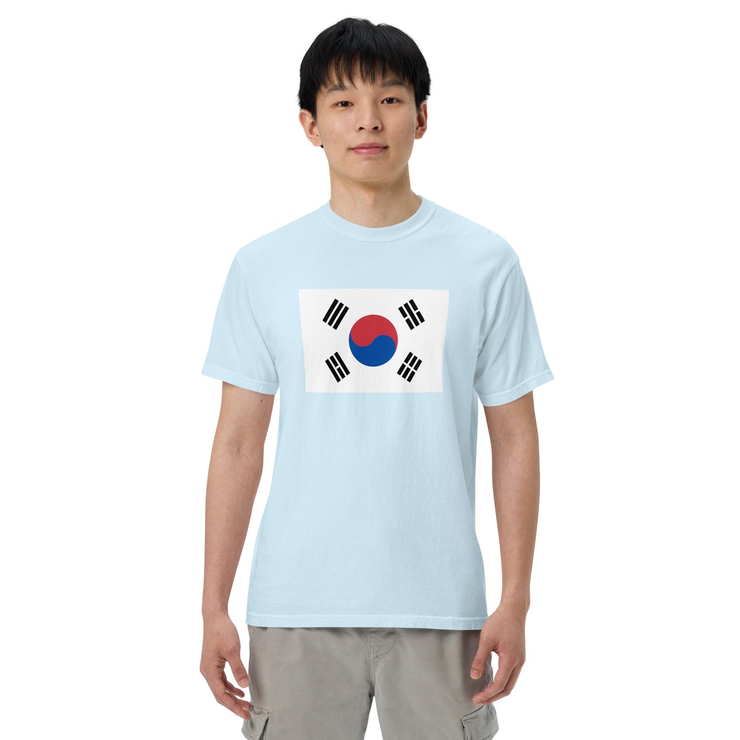 Stylish South Korea flag t-shirt laid flat, extra large, blue jean