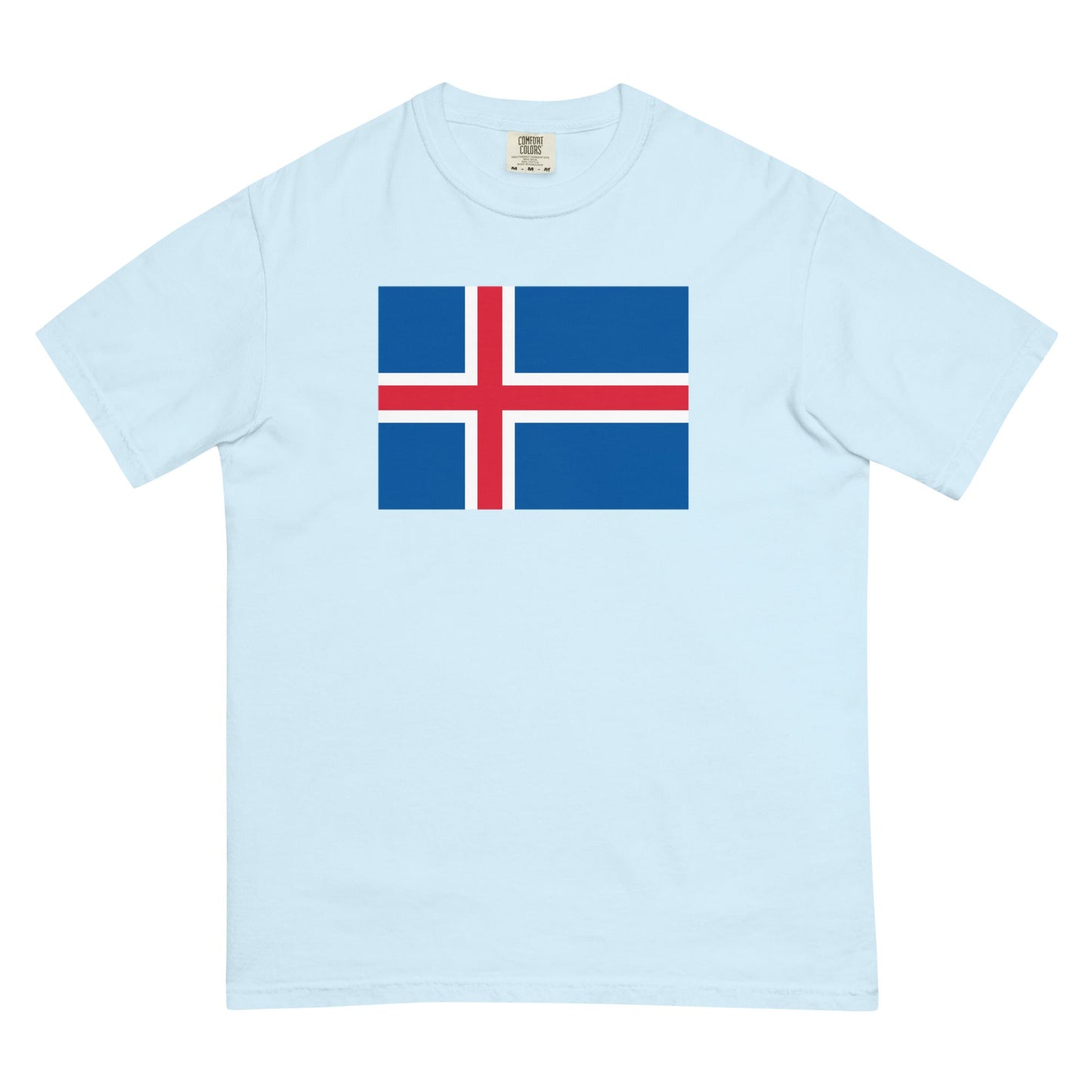 Flat lay of blue spruce Iceland flag tee, 3X large size