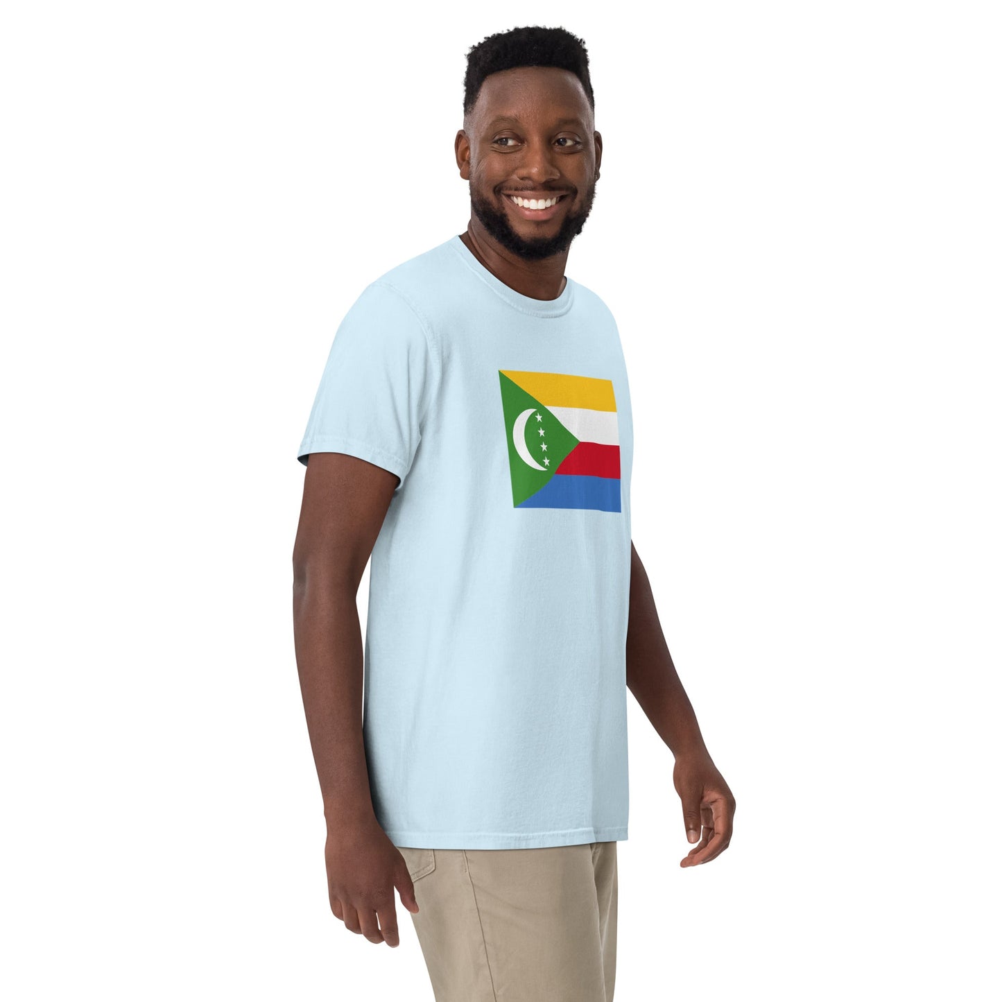Flat lay of true navy Comoros flag tee, large size