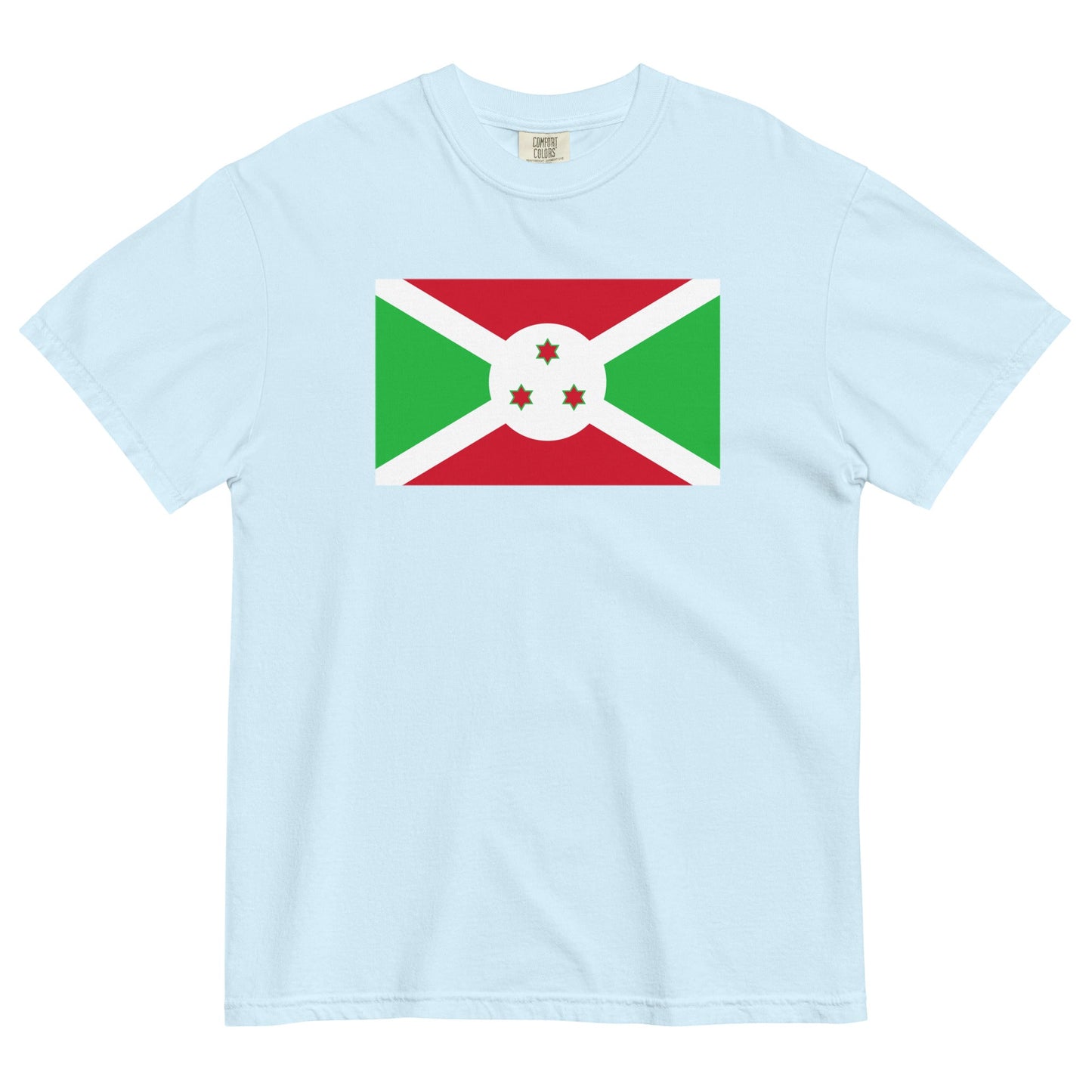 Stylish Burundi flag t-shirt laid flat, large, blue spruce