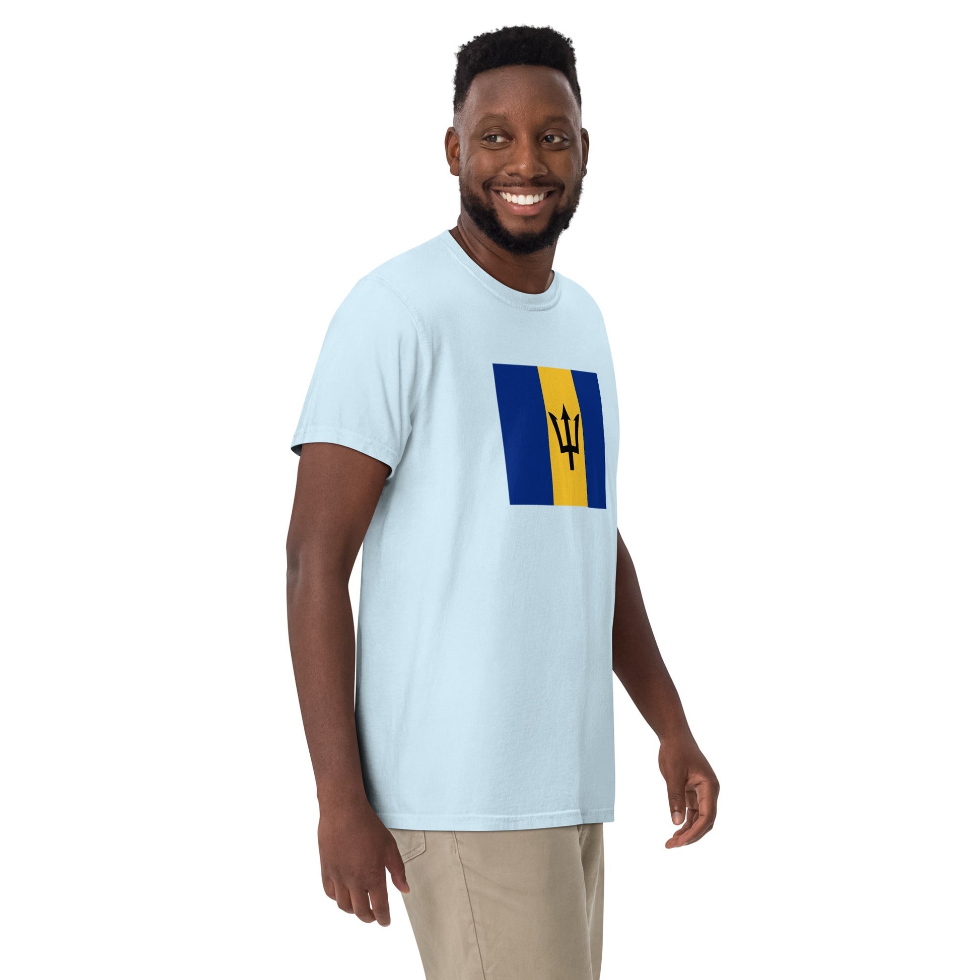 Flat lay of hemp Barbados flag tee, small size