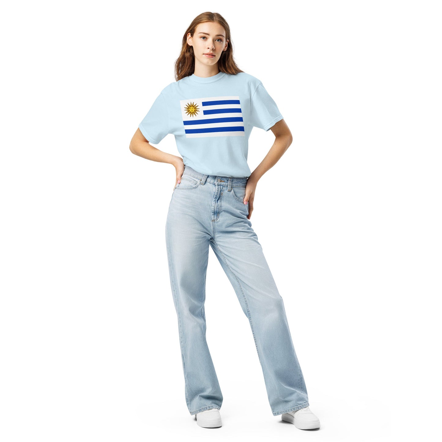 Flat lay of hemp Uruguay 1 flag tee, extra large size