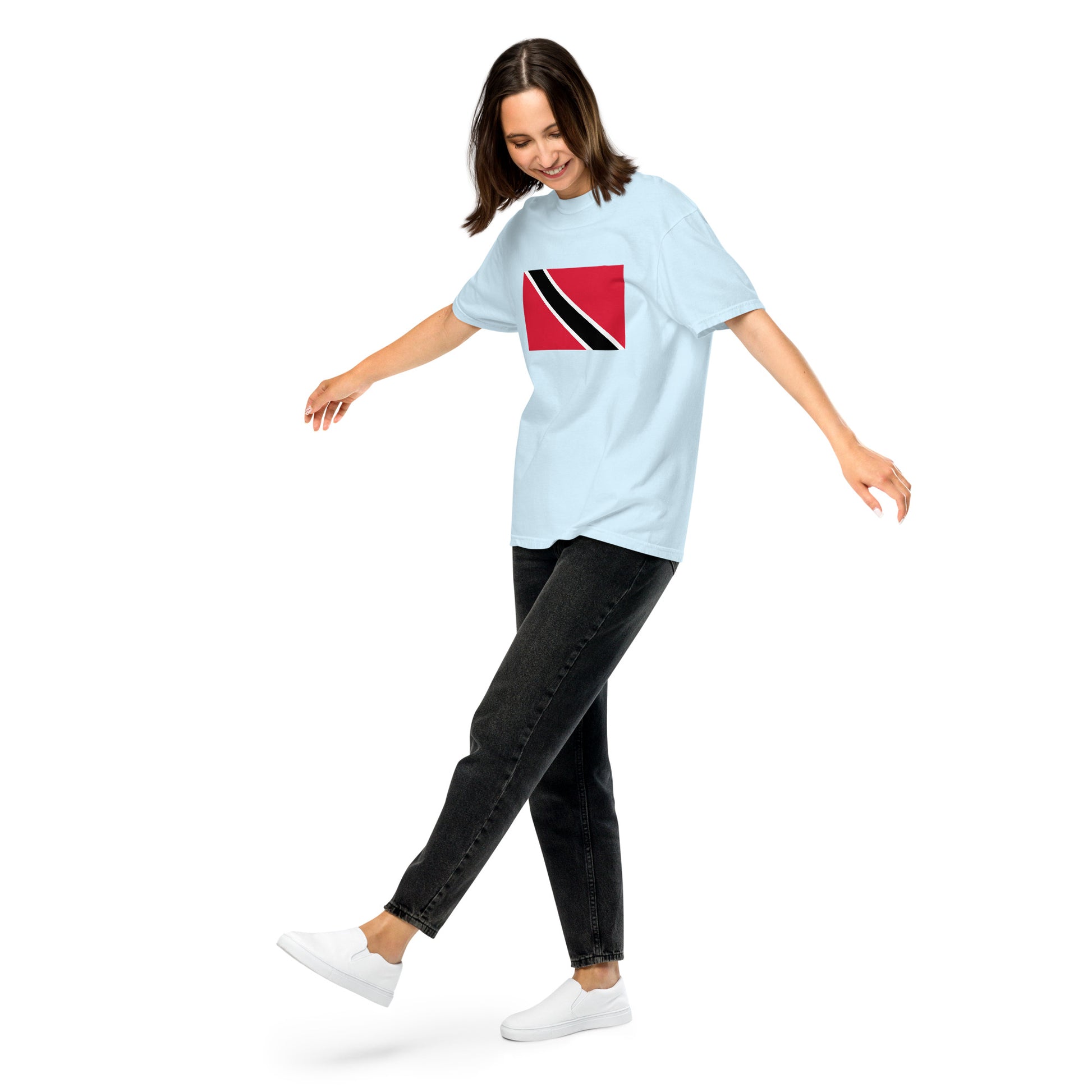 Stylish Trinidad flag t-shirt laid flat, small, brick