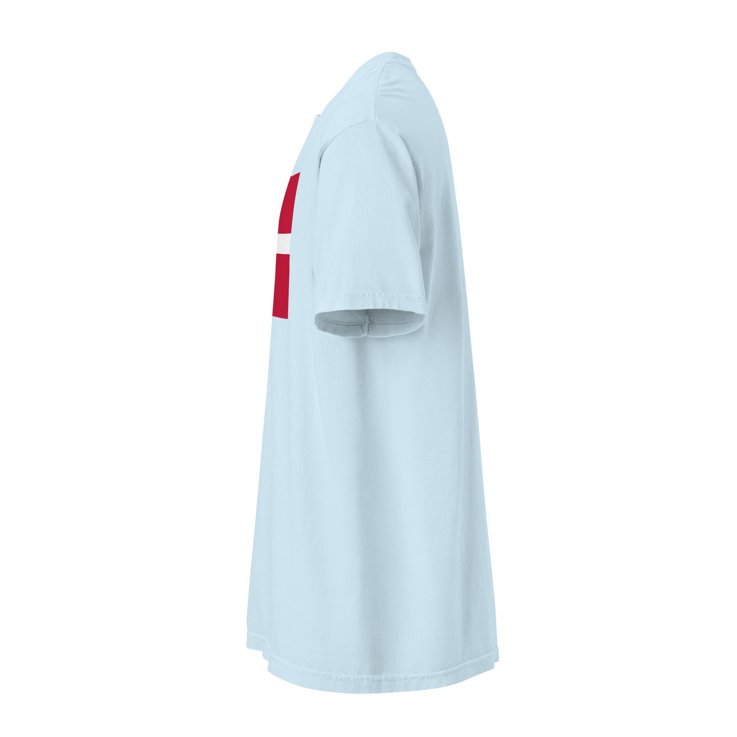 Flat lay of blue spruce Denmark flag tee, small size