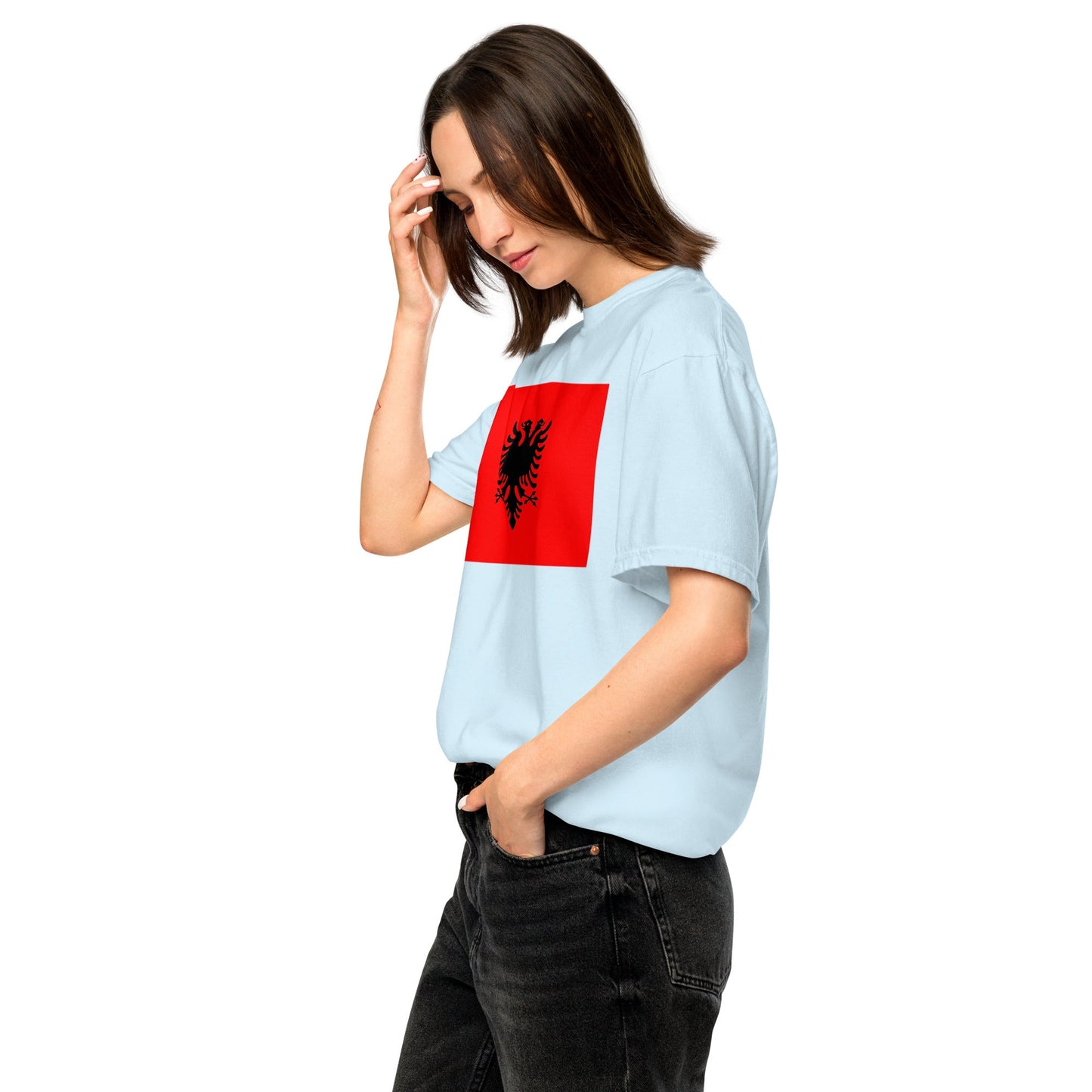 Flat lay of hemp Albania flag tee, extra large size