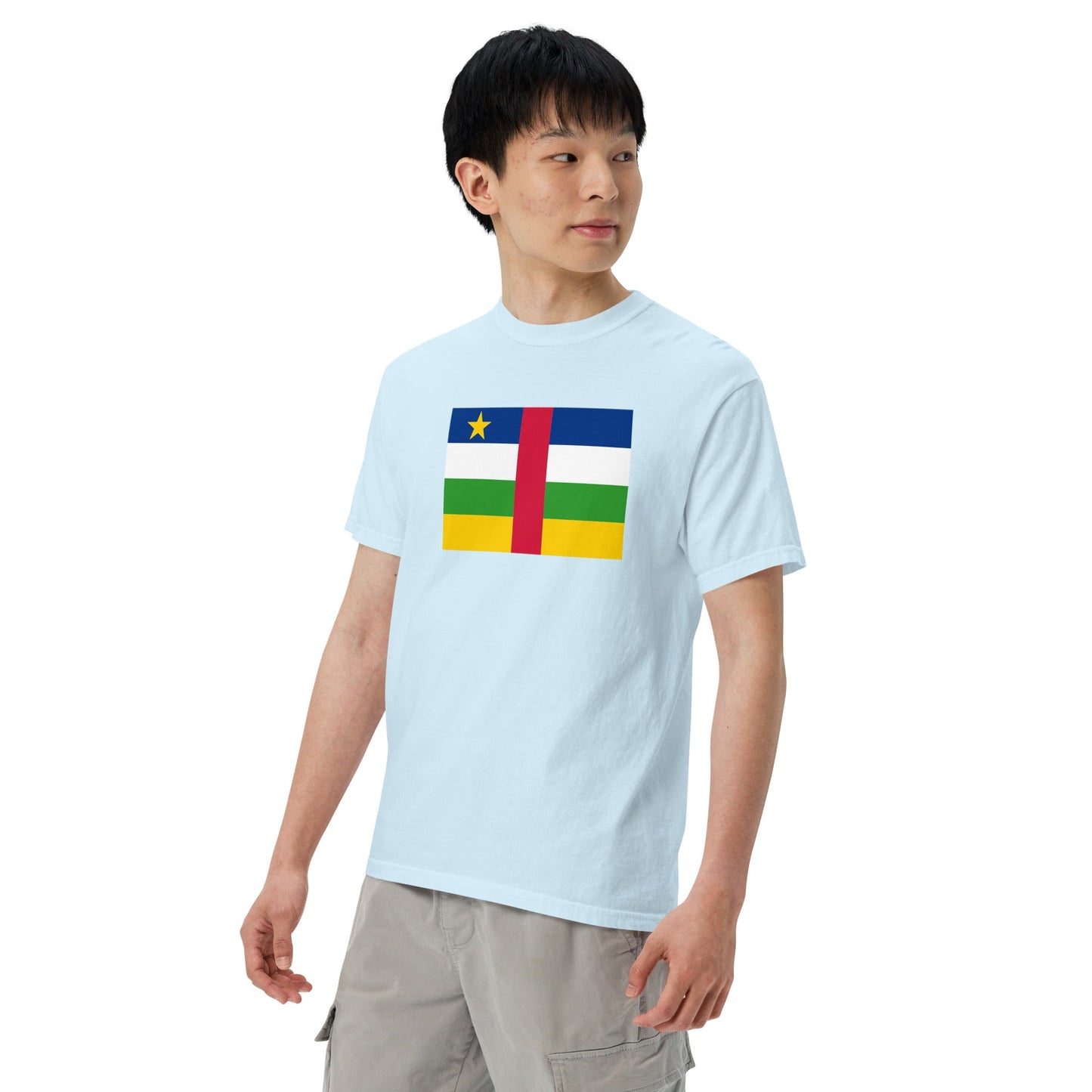 Stylish Central African Republic flag t-shirt laid flat, medium, true navy