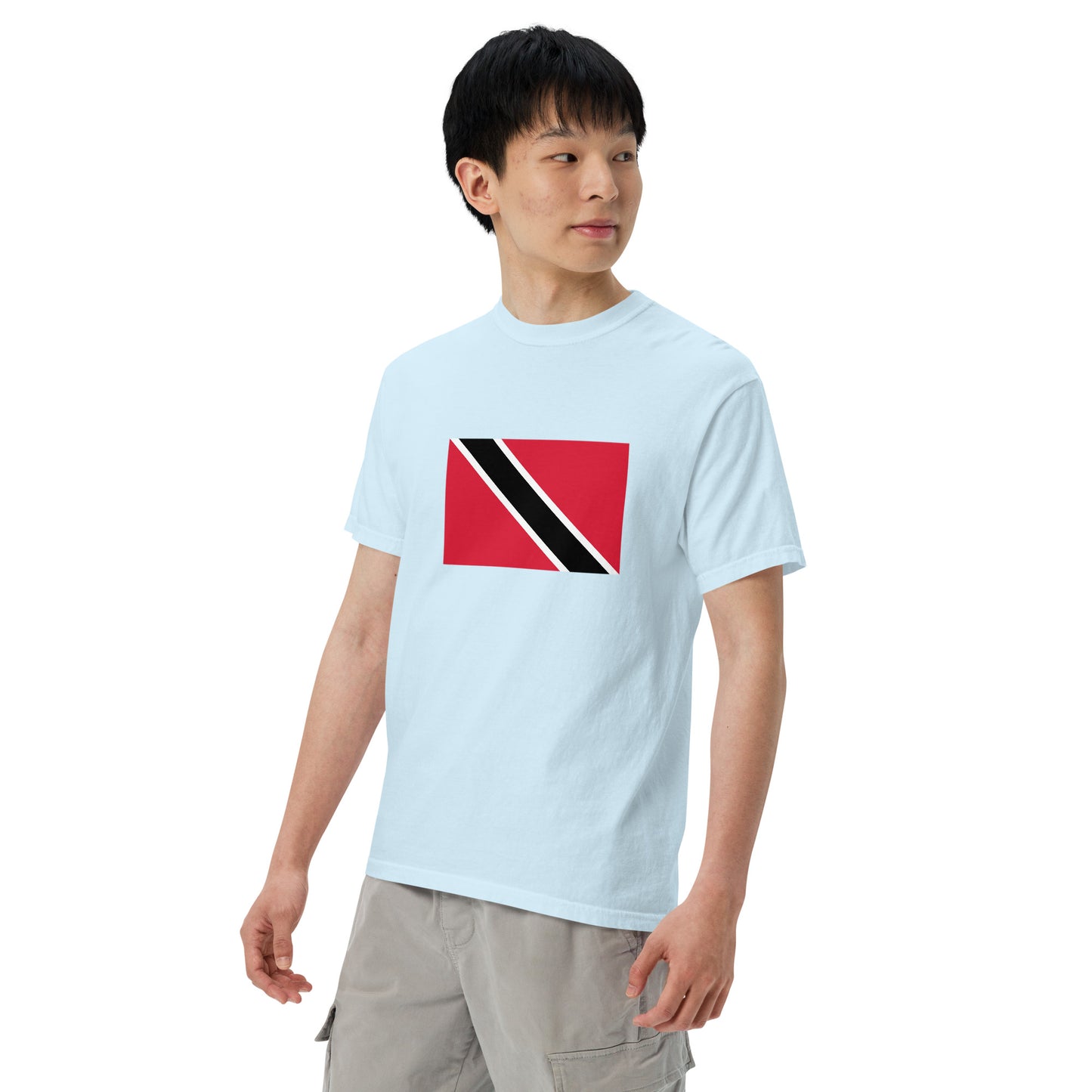 Flat lay of white Trinidad flag tee, 4X large size