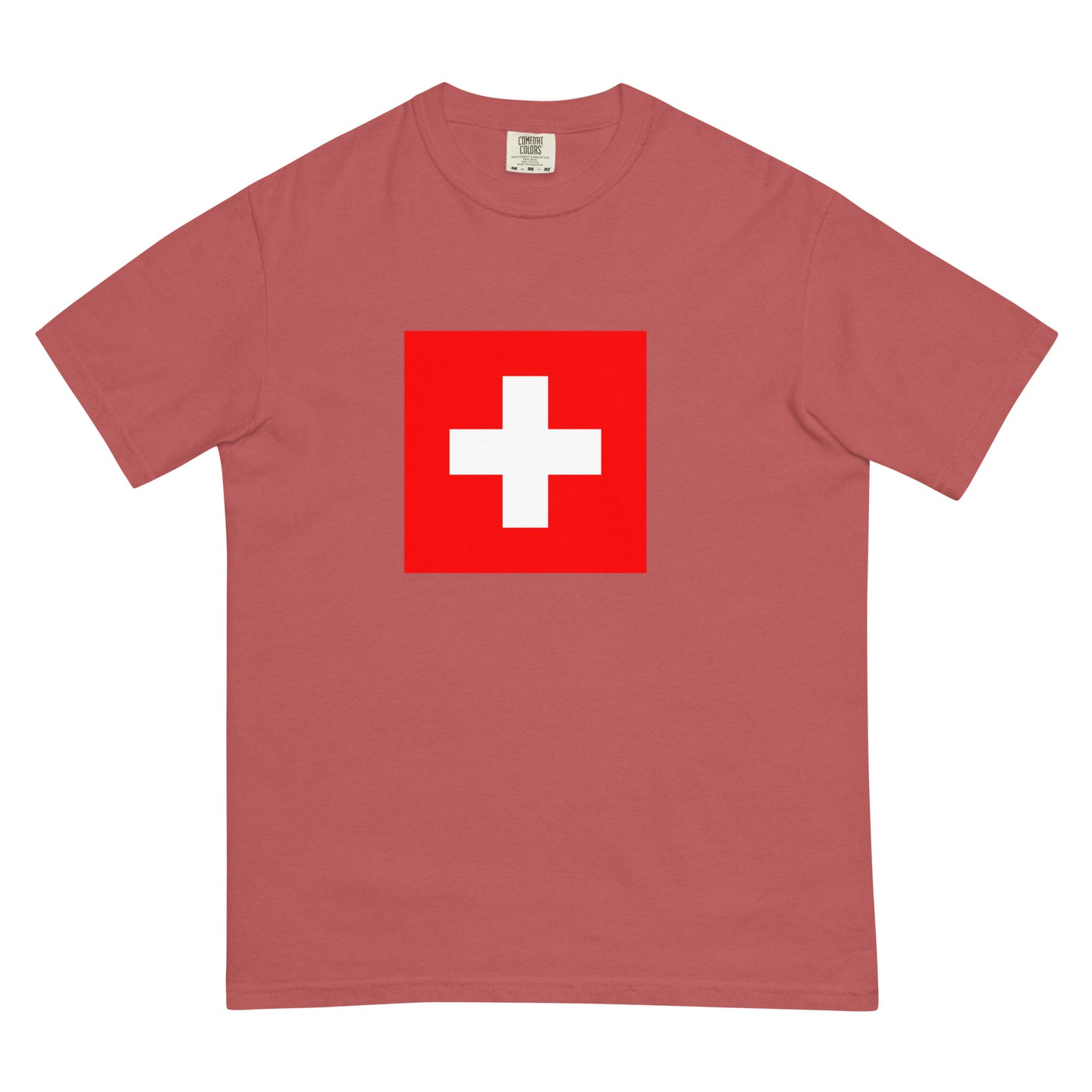 Stylish Switzerland flag t-shirt laid flat, small, true navy
