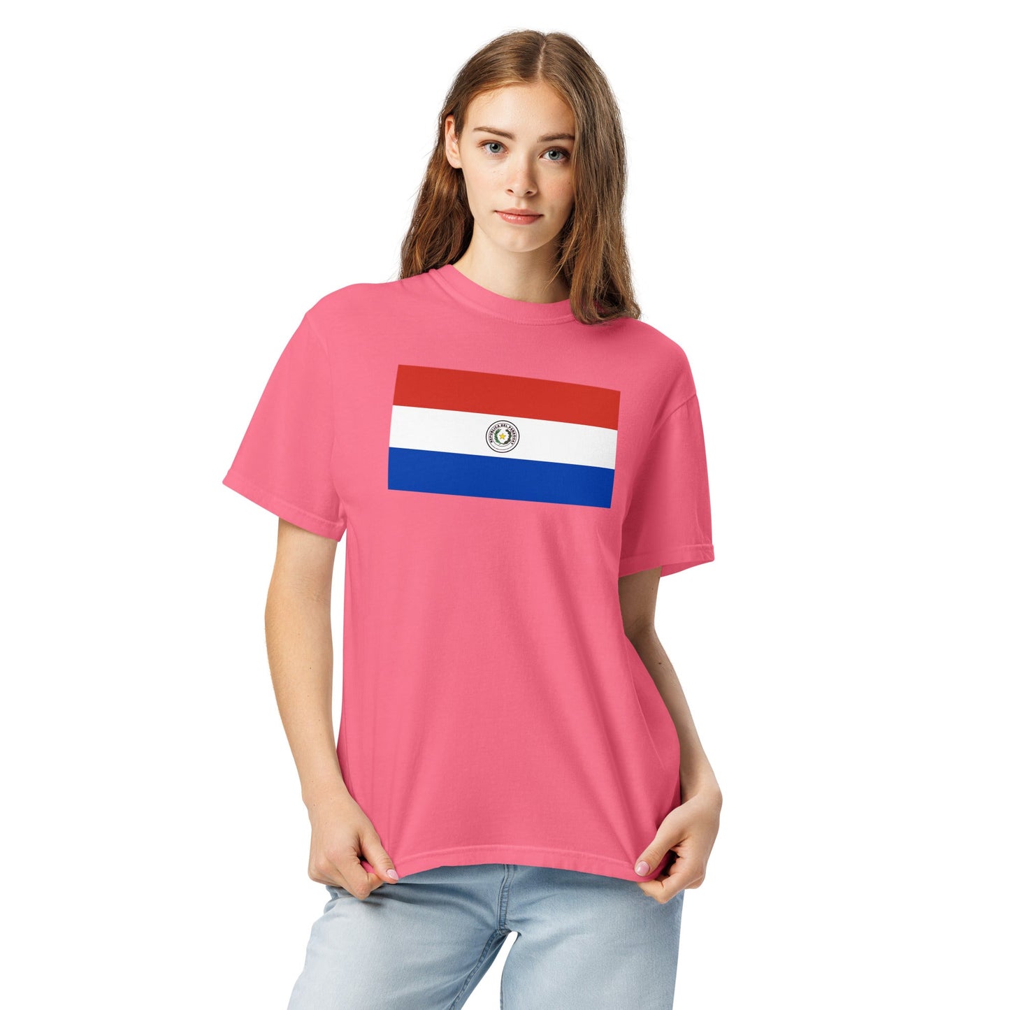 Stylish Paraguay 1 flag t-shirt laid flat, 2X large, black