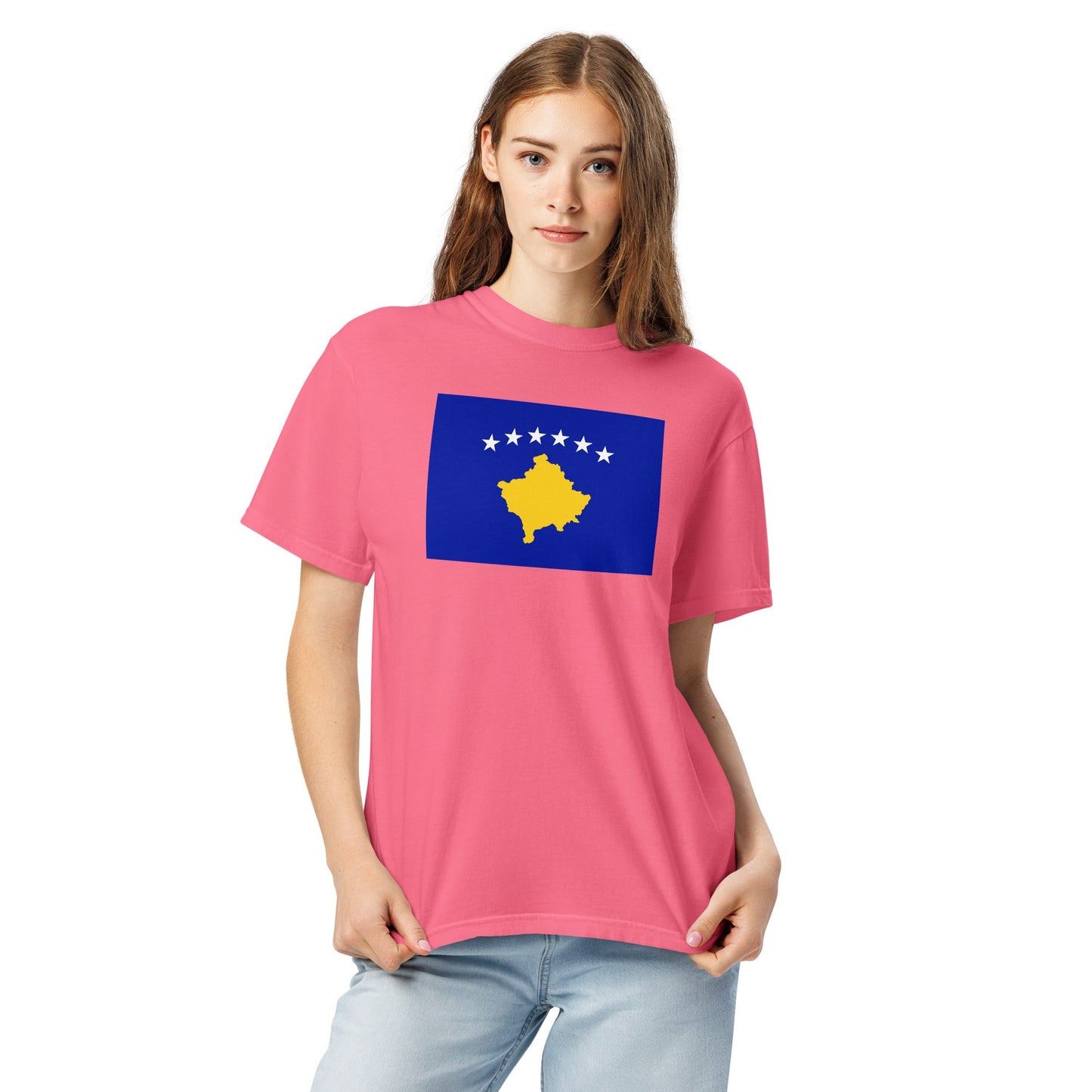 Flat lay of red Kosovo 1 flag tee, 2X large size