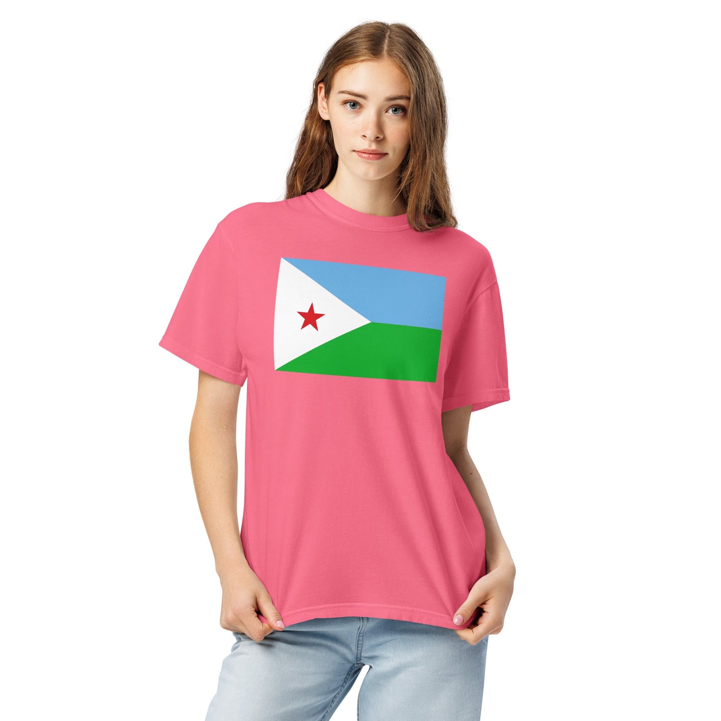 Stylish Djibouti flag t-shirt laid flat, large, red