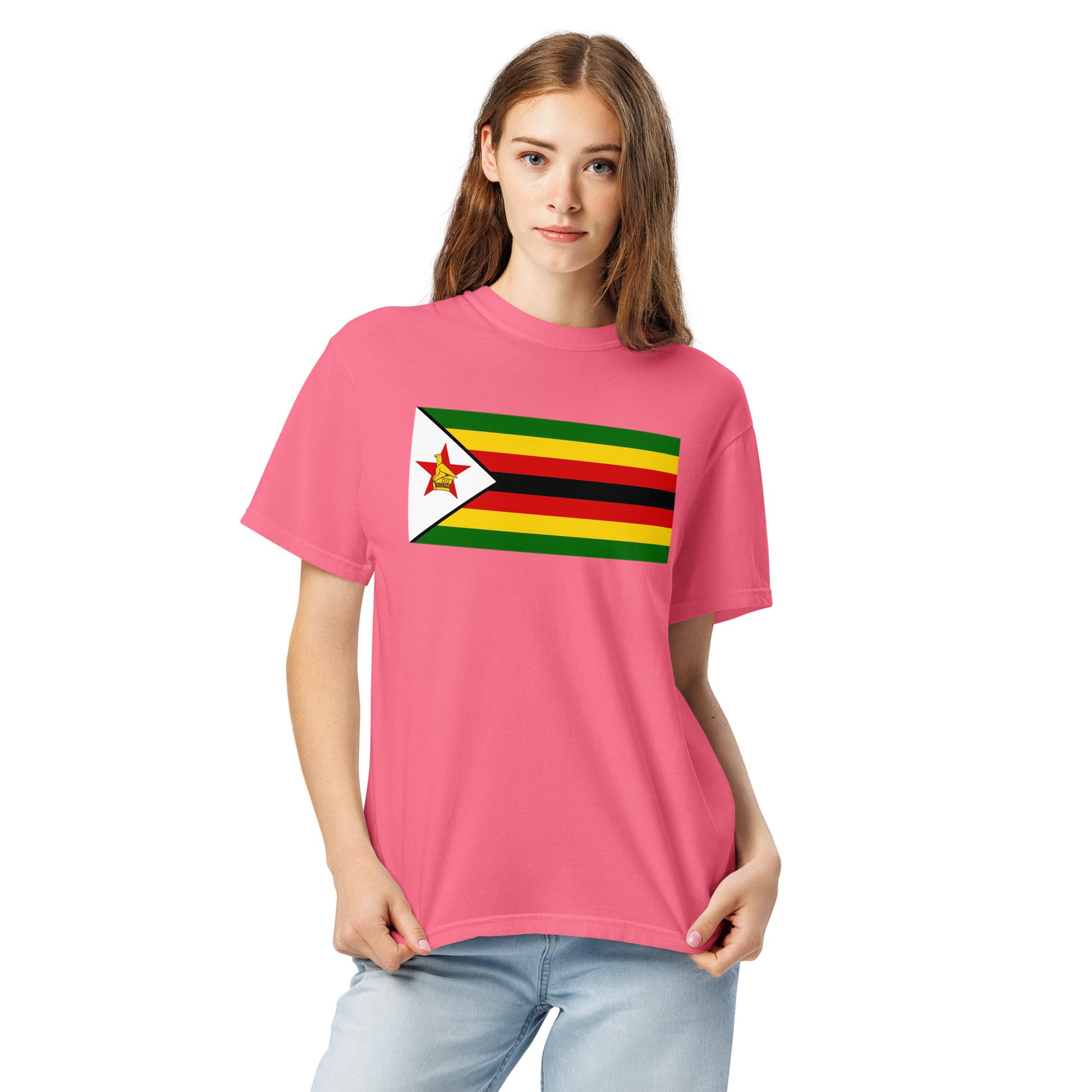 Flat lay of true navy Zimbabwe flag tee, large size