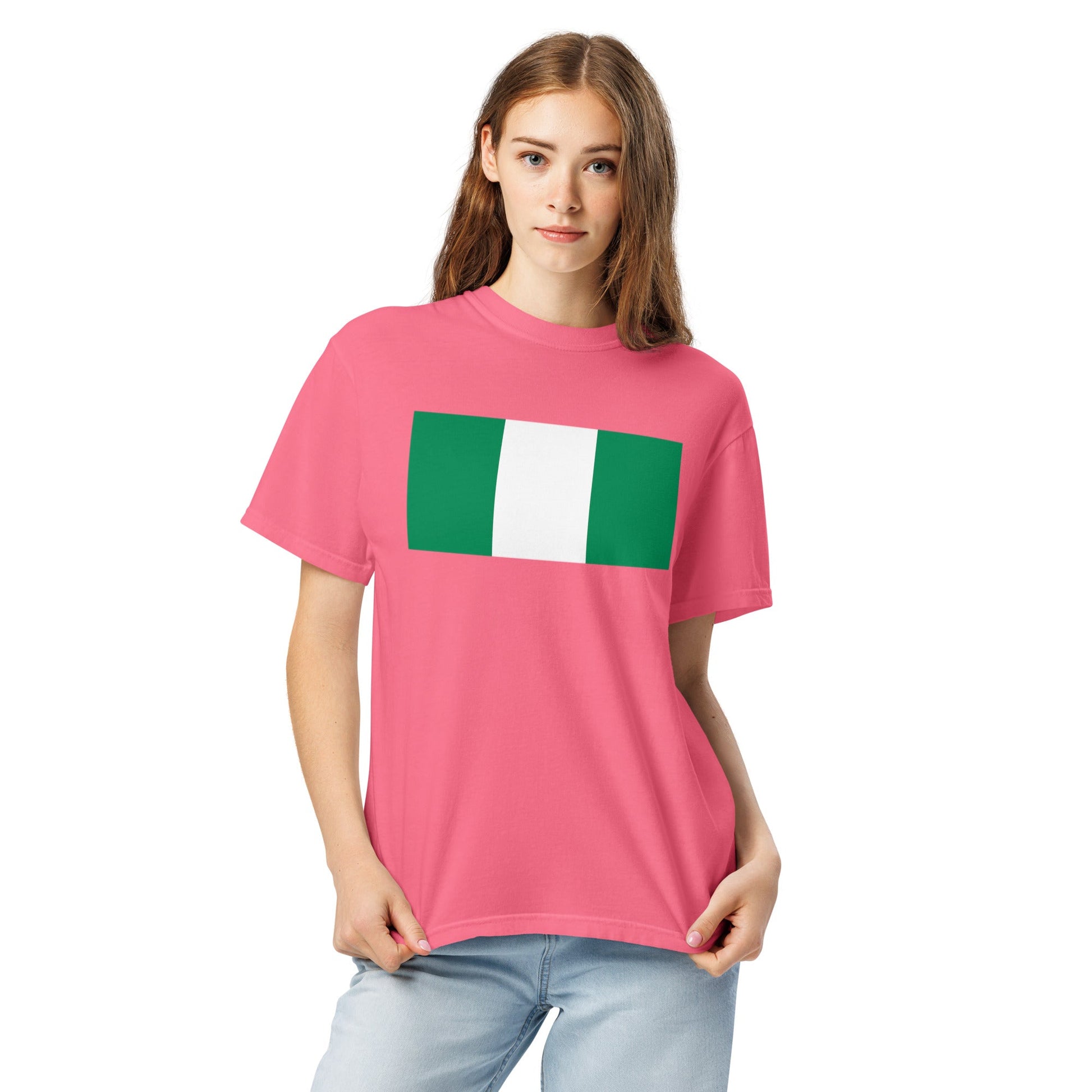 Flat lay of brick Nigeria flag tee, medium size