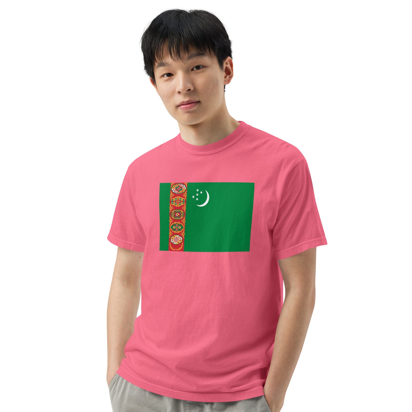 Bold Turkmenistan flag design tee in brick, large