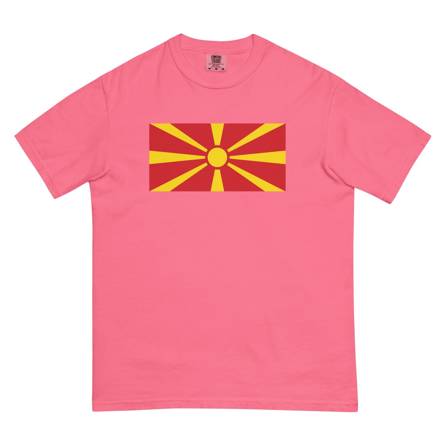 Stylish North Macedonia Formerly Macedonia flag t-shirt laid flat, 4X large, red